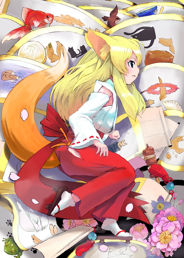 sasaki toshiyuki, tosiyuki, 1girl, animal ears, blonde hair, blue eyes, female focus, fish, flower, fox ears, fox tail, goldfish, hakama, hakama skirt, japanese clothes, long hair, miko, petals, red hakama, skirt, solo, tabi, tail