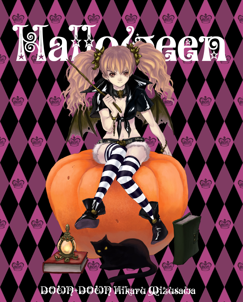 mizusawa hikaru, original, highres, 1girl, argyle background, argyle clothes, bat wings, breasts, brown hair, cat, cleavage, female focus, halloween, long hair, midriff, navel, pumpkin, sitting, solo, striped clothes, striped thighhighs, thighhighs, twintails, wand, wings