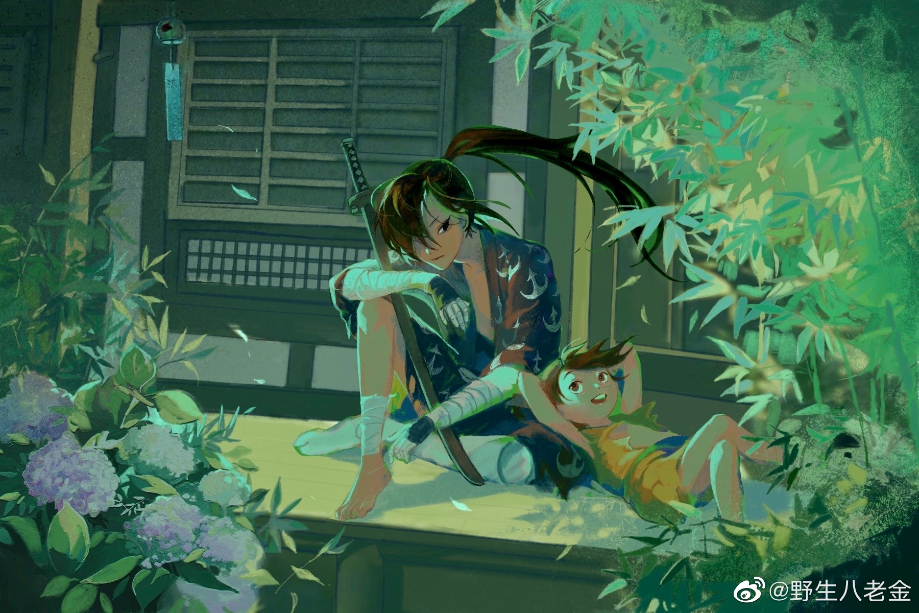 guaili bajin, dororo (character), hyakkimaru (dororo), dororo (tezuka), highres, 1boy, 1girl, amputee, ankle wrap, bandages, barefoot, black hair, closed mouth, crossed legs, flower, hair over one eye, hydrangea, japanese clothes, kimono, knee up, long hair, lying, on back, outdoors, ponytail, prosthesis, prosthetic arm, reverse trap, short hair, sitting, very long hair, wind chime