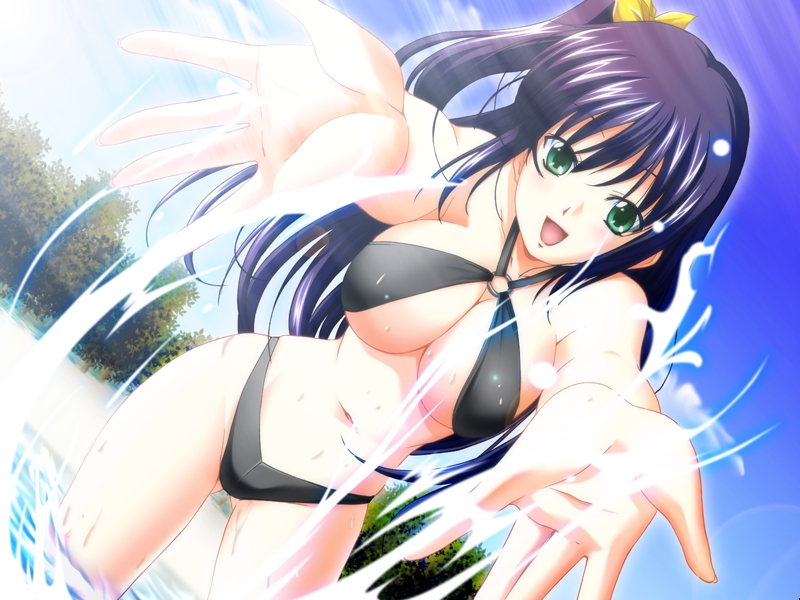 ayakaze ryuushou, amamiya serika, flap, love love boin, game cg, non-web source, 1girl, bikini, black bikini, black hair, breasts, cleavage, day, dutch angle, female focus, green eyes, large breasts, long hair, navel, open mouth, smile, solo, splashing, swimsuit, water
