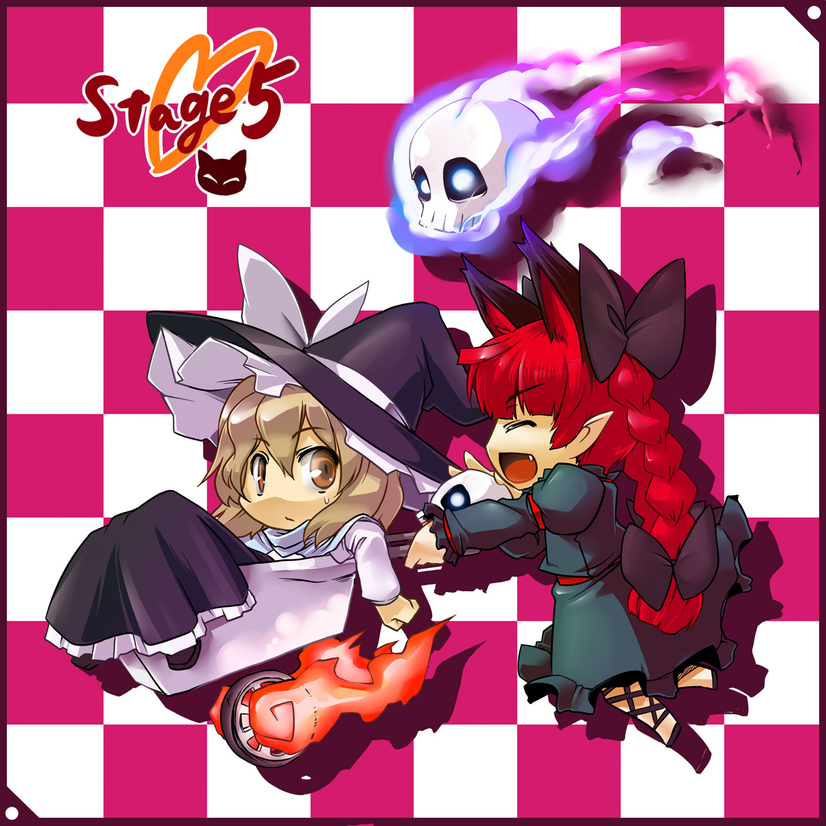 tsukinami, tsukinami kousuke, kaenbyou rin, kirisame marisa, touhou, highres, 2girls, animal ears, blonde hair, braid, cat ears, cat girl, chibi, fang, female focus, hat, multiple girls, red hair, skull, twin braids, wheelbarrow, witch, witch hat