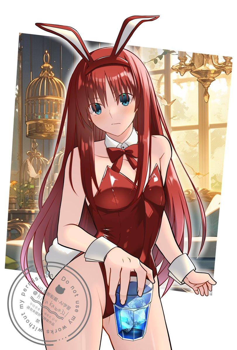 hirakawa, tohno akiha, toono akiha, vermillion akiha, tsukihime, highres, animal ears, blue eyes, cup, playboy bunny, rabbit ears, rabbit tail, red hair, red ribbon, ribbon, tail