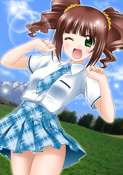 itsuki sayaka, takatsuki yayoi, idolmaster, idolmaster (classic), 00s, brown hair, green eyes, miniskirt, necktie, one eye closed, panties, plaid clothes, plaid skirt, rough time school, school uniform, serafuku, short hair, skirt, solo, twintails, underwear, wink