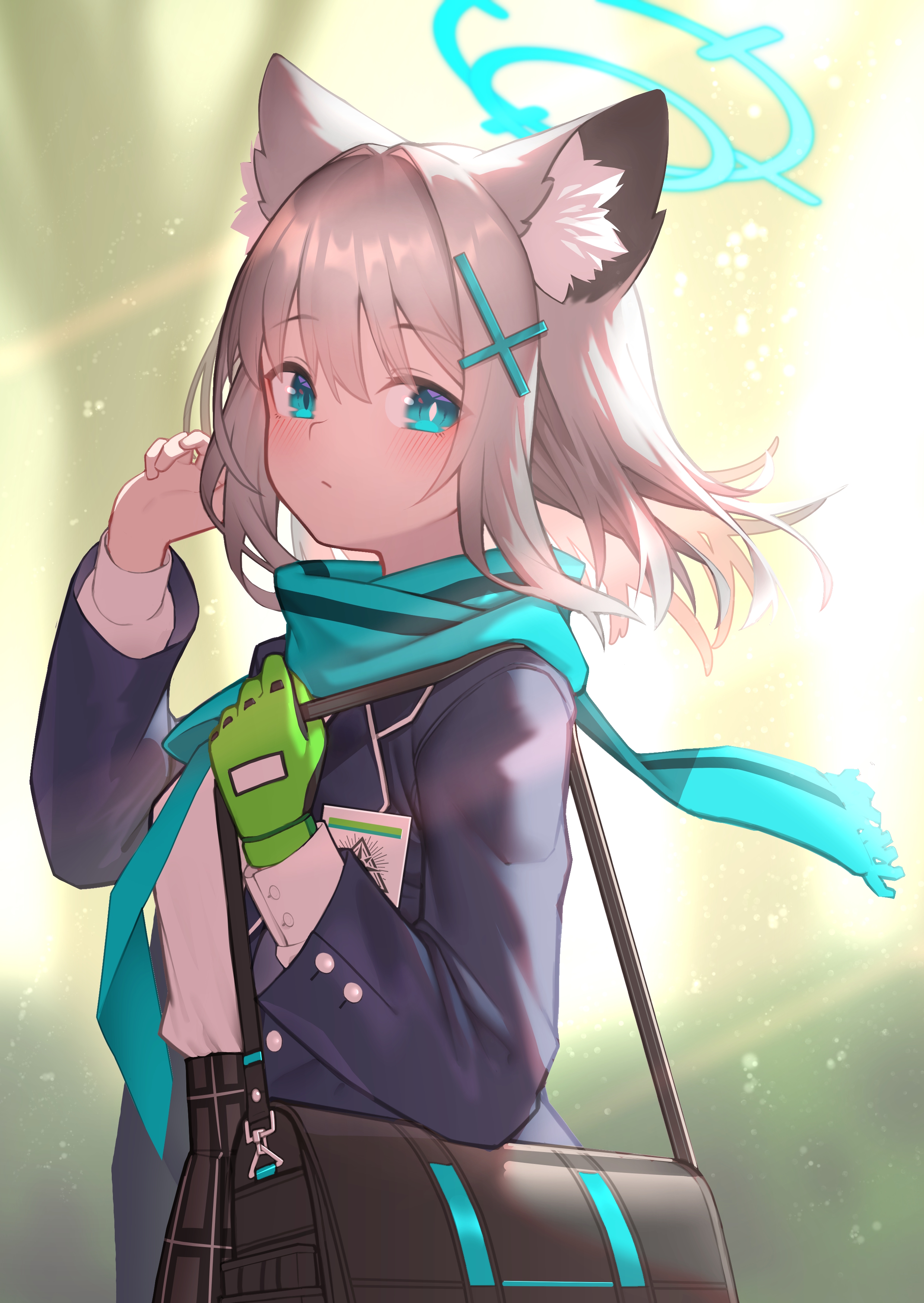 akuma (st.takuma), shiroko (blue archive), blue archive, absurdres, commentary request, highres, 1girl, animal ear fluff, animal ears, bag, blue eyes, blue halo, blue scarf, cross hair ornament, gloves, green gloves, grey hair, hair ornament, halo, long sleeves, looking at viewer, mismatched pupils, scarf, school bag, school uniform, short hair, single glove, solo