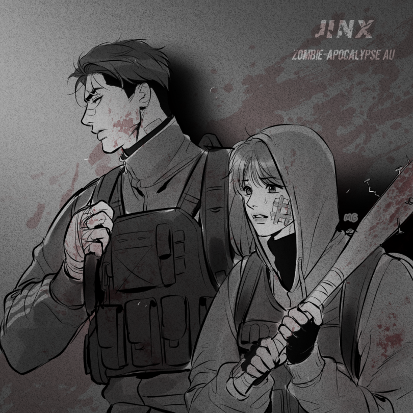 mingwa, joo jaekyung, kim dan, jinx (manhwa), 2boys, backpack, bag, bandage on face, bandages, bandaid, bandaid on face, bandaid on nose, baseball bat, basket, black eyes, black hair, blood, blood on clothes, blood on face, dirty, fingerless gloves, gloves, greyscale, holding, holding basket, hood, hooded coat, injury, long sleeves, monochrome, multiple boys, scar
