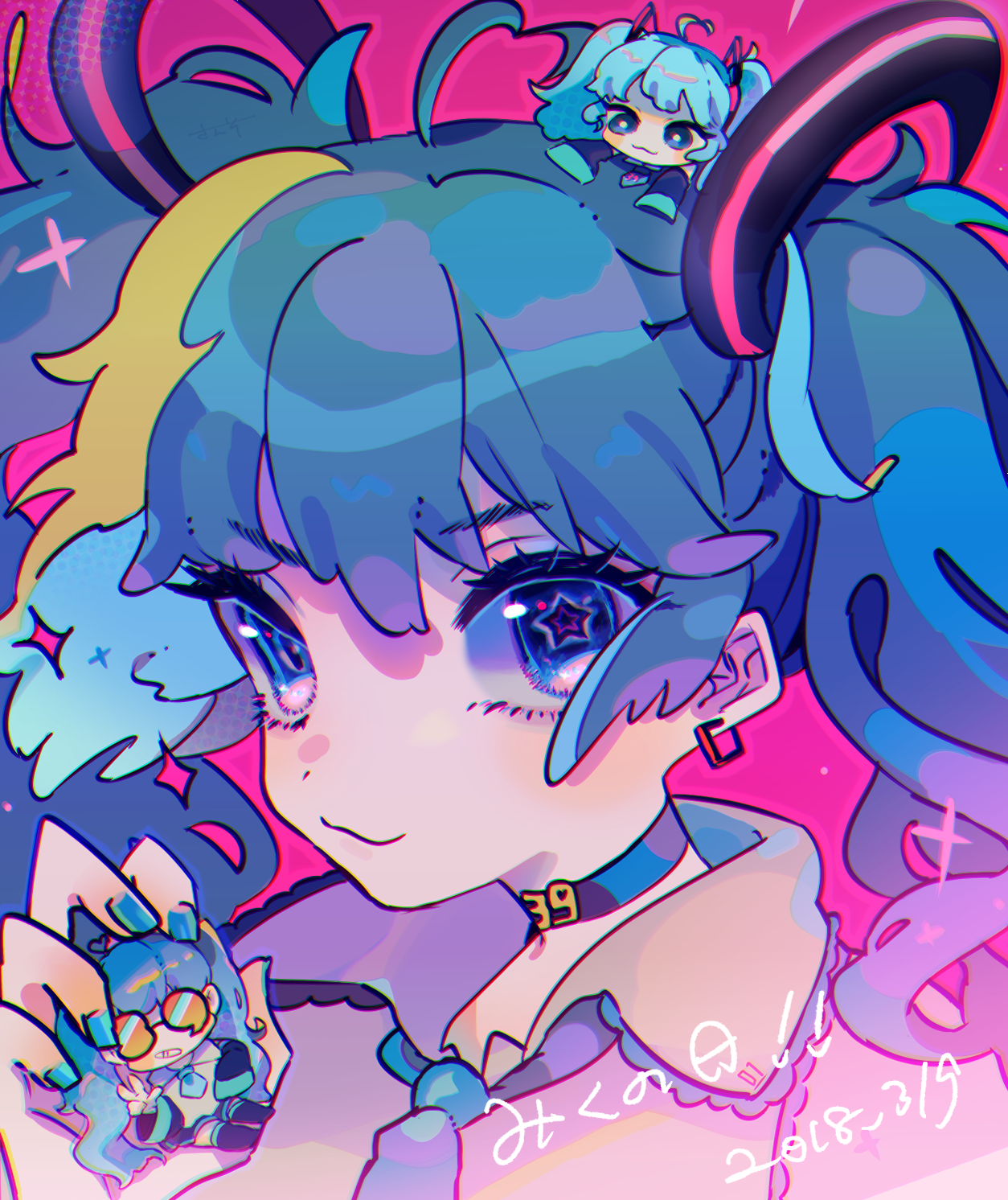 mawarusanso, hatsune miku, vocaloid, commentary request, highres, 1girl, blue eyes, blue hair, chibi, chibi on head, choker, earrings, eyelashes, frilled shirt collar, frills, holding chibi, jewelry, long hair, looking at viewer, miku day, on head, pink background, star (symbol), star in eye, symbol in eye, twintails, very long hair