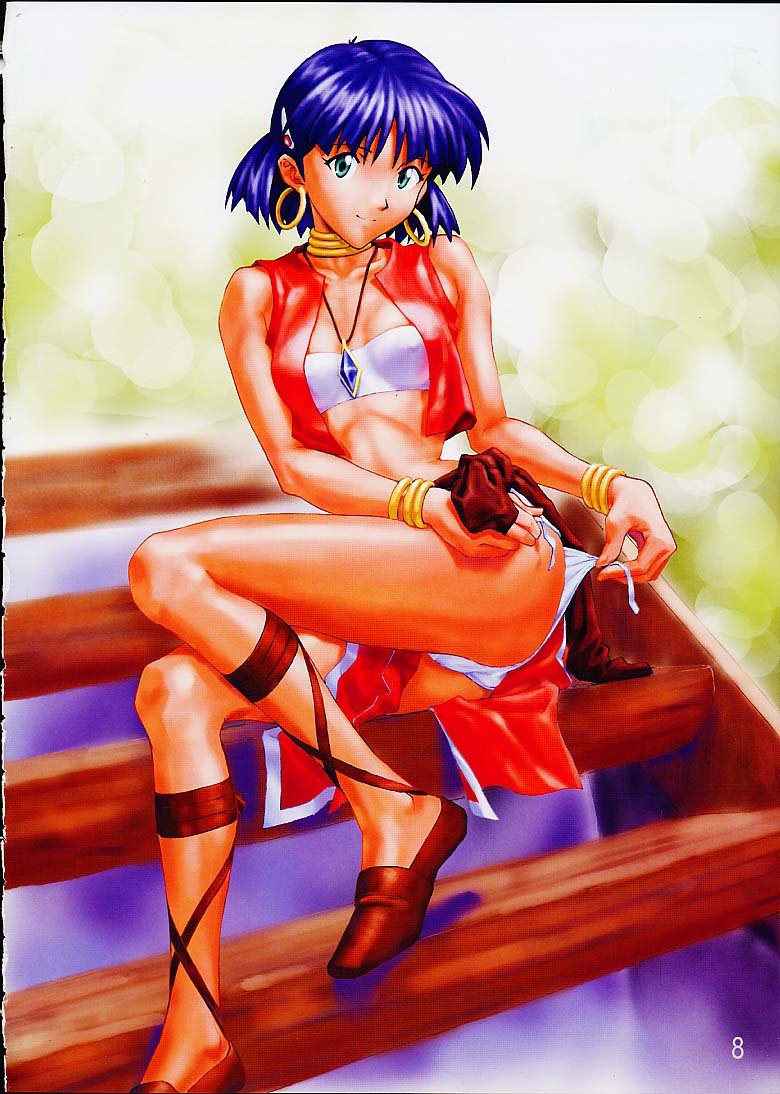 sadamoto yoshiyuki, nadia la arwall, fushigi no umi no nadia, cross-laced footwear, scan, 1990s (style), 1girl, bandeau, bracelet, breasts, covered erect nipples, dark-skinned female, dark skin, earrings, female focus, green eyes, hair ornament, hairclip, jewelry, loincloth, neck ring, necklace, panties, pelvic curtain, purple hair, retro artstyle, sandals, short hair, side-tie panties, sitting, sitting on stairs, small breasts, solo, stairs, strapless, tube top, underwear, vest, white panties