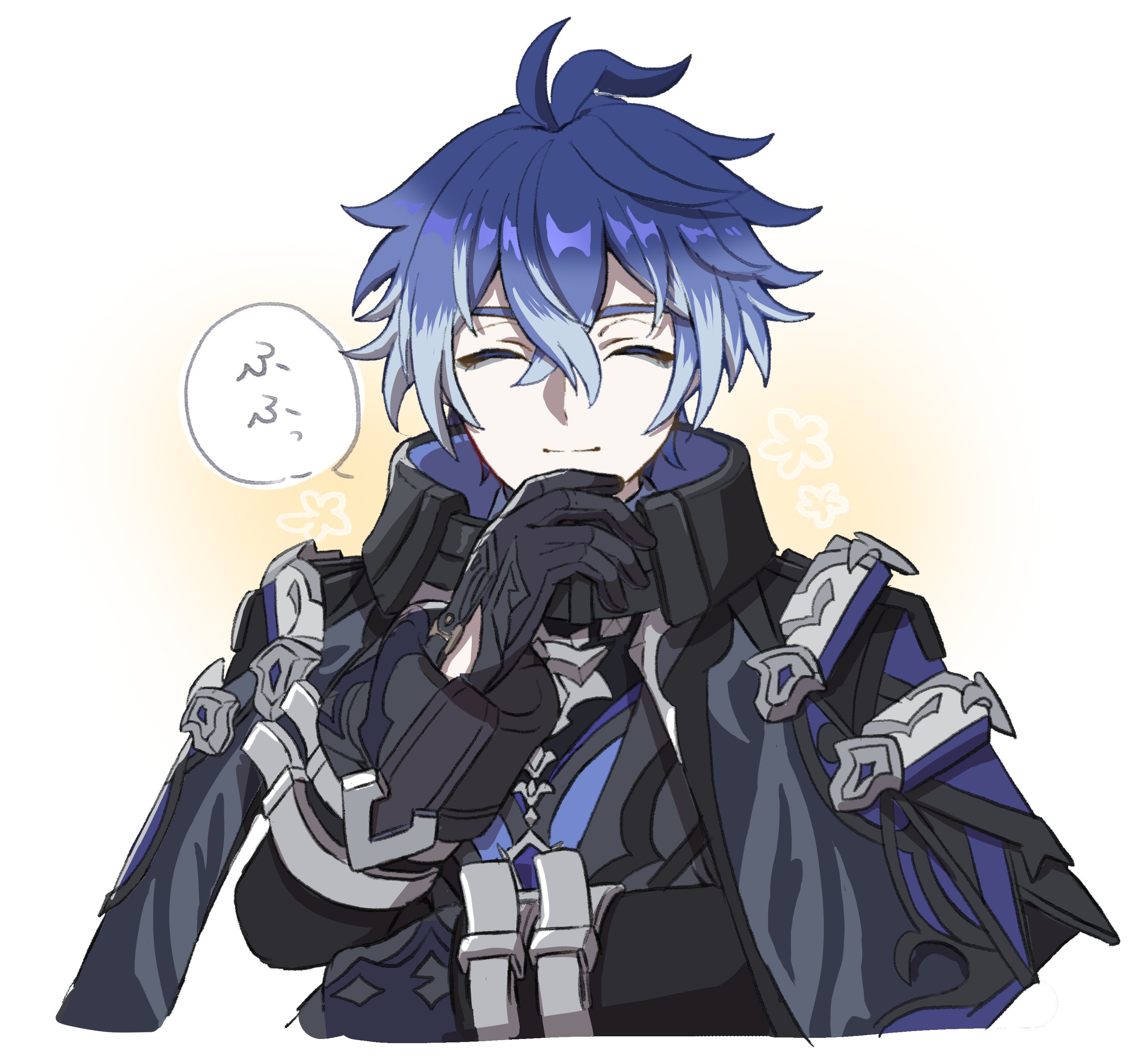 aoyagi (ao0701yagi), flins (genshin impact), genshin impact, absurdres, commentary request, highres, translation request, 1boy, ^ ^, antenna hair, black capelet, black coat, black gloves, blue hair, capelet, closed eyes, closed mouth, coat, collared capelet, crossed bangs, gloves, hair between eyes, hand on own chin, hand up, long hair, long sleeves, male focus, multicolored hair, sleeve cuffs, smile, solo, speech bubble, split mouth, upper body, white background