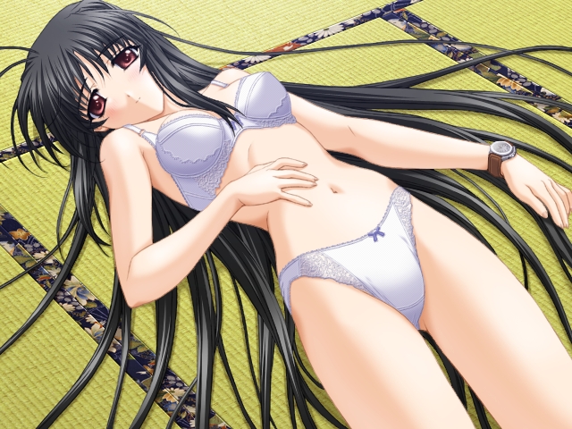 hasumi elan, umetori uriri, double mind, eyebrows, game cg, non-web source, 1girl, ahoge, bare arms, black hair, blush, bra, breasts, brown eyes, closed mouth, female focus, hand on own stomach, indoors, legs together, lingerie, long hair, looking at viewer, lying, navel, on back, on floor, panties, solo, tatami, underwear, underwear only, watch, white bra, white panties, wristwatch