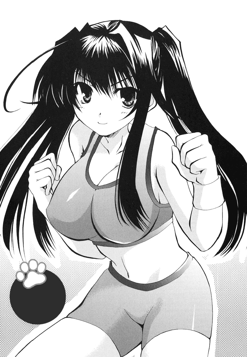 minamoto chizuru, kanokon, highres, non-web source, 00s, 1girl, bike shorts, bra, breasts, female focus, fighting stance, greyscale, huge breasts, large breasts, lingerie, long hair, monochrome, smile, solo, sports bra, twintails, underwear