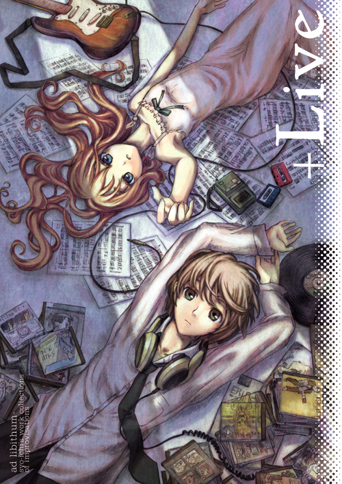 shouichi, original, blue eyes, brown hair, cd, green eyes, guitar, headphones, headphones around neck, instrument, long hair, lying, sheet music, vinyl record