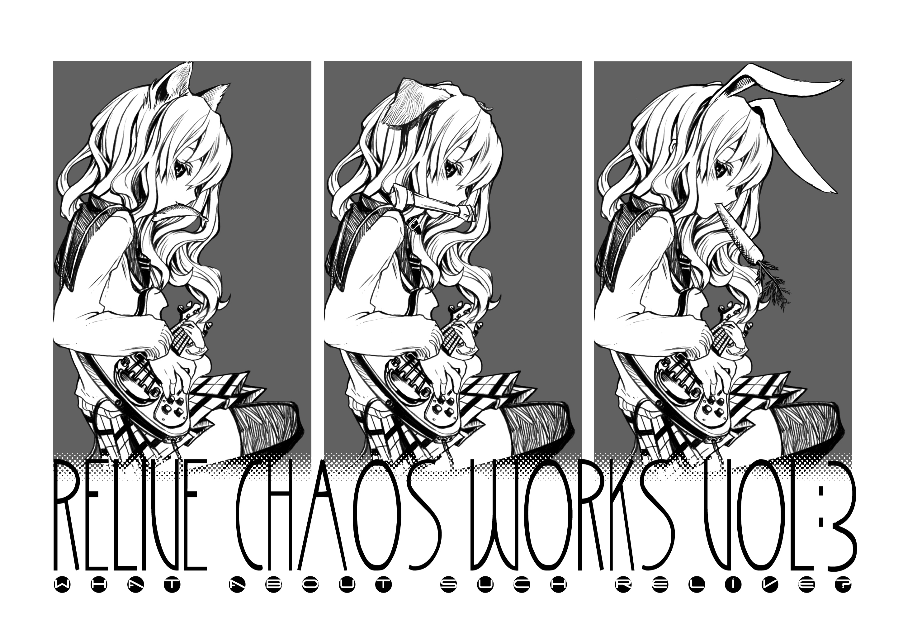 shouichi, original, bad id, bad pixiv id, highres, 1girl, animal ears, bass guitar, bone, carrot, cat ears, dog ears, fish, greyscale, guitar, instrument, long hair, monochrome, mouth hold, rabbit ears, school uniform, serafuku, sitting, thighhighs