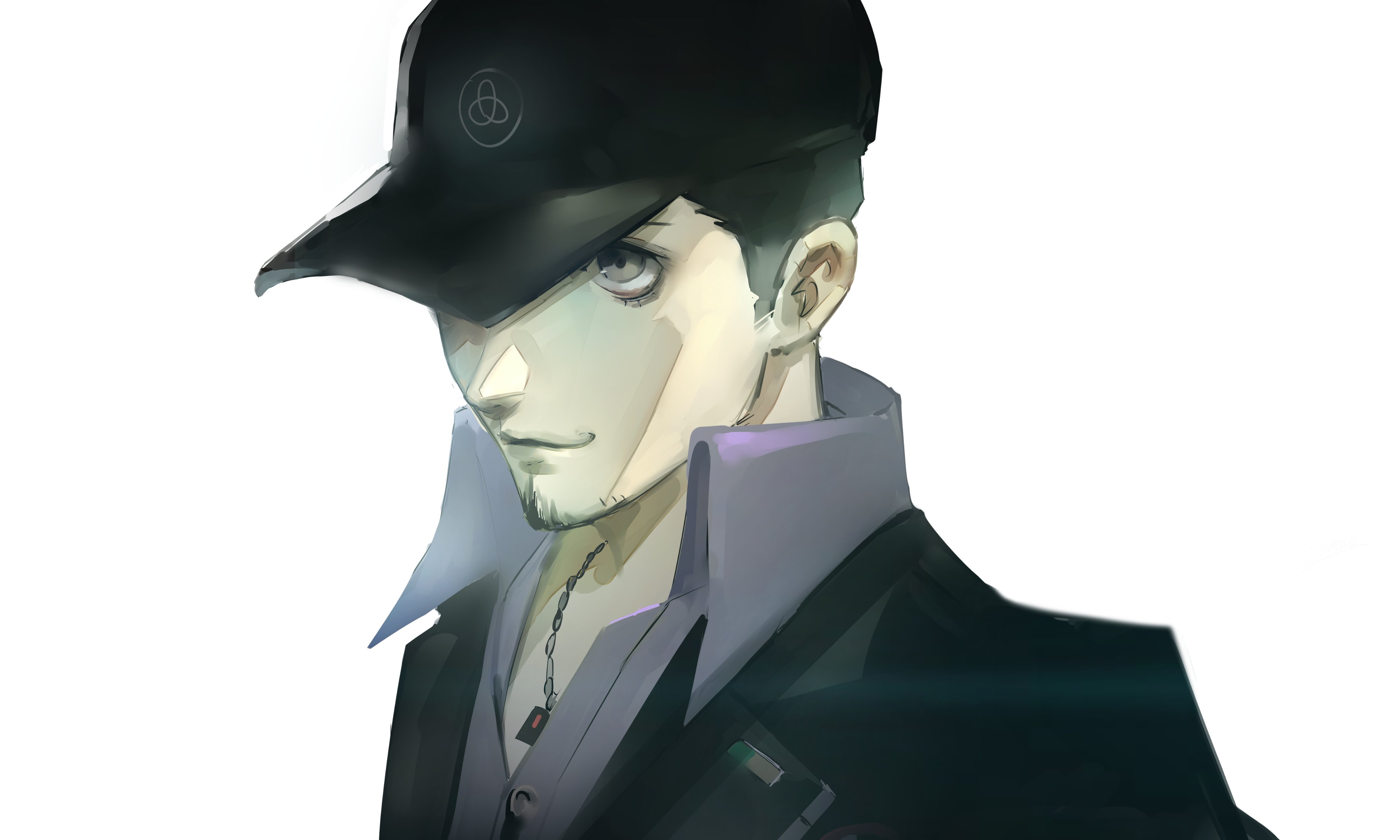 smoogiearts, iori junpei, persona, persona 3, absurdres, commentary, english commentary, highres, 1boy, baseball cap, black hair, black hat, black jacket, blue shirt, closed mouth, collared shirt, facial hair, gekkoukan high school uniform, grey eyes, hat, jacket, jewelry, male focus, necklace, school uniform, shirt, short hair, solo, upper body, very short hair, white background