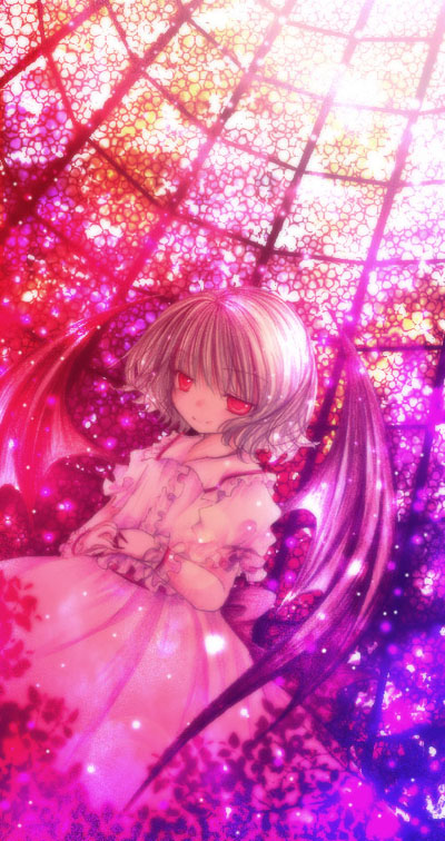 kasuga sunao, remilia scarlet, touhou, silver hair, 1girl, bat wings, collar, cowboy shot, dress, female focus, flower, frills, from below, glass, puffy short sleeves, puffy sleeves, red eyes, short hair, short sleeves, solo, sunlight, white dress, window, wings
