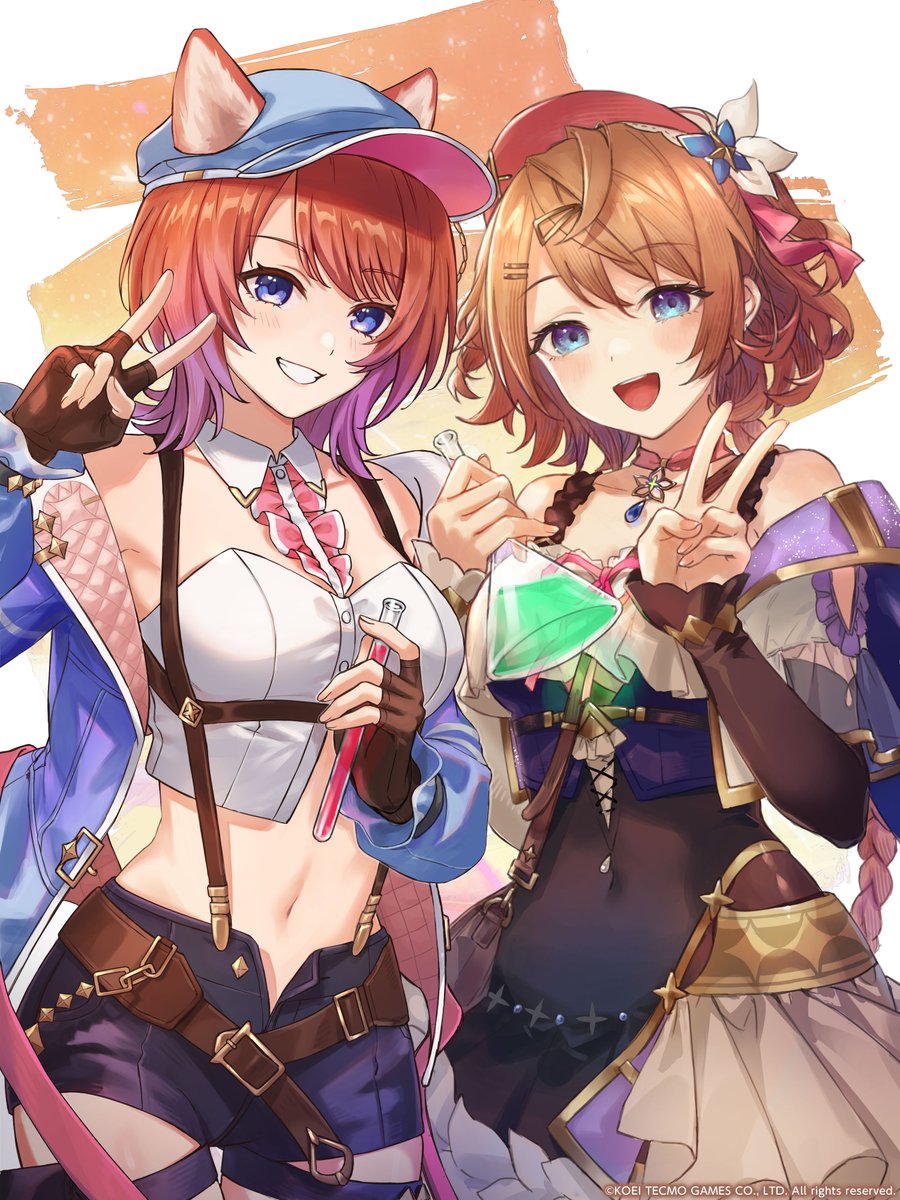 resna sternenlicht, rias eidreise, atelier (series), atelier resleriana, atelier resleriana: the red alchemist & the white guardian, highres, official art, 2girls, animal ears, black gloves, blue eyes, blue hat, blue jacket, blue shorts, brown hair, cat ears, cat girl, fingerless gloves, gloves, hat, jacket, jewelry, looking at viewer, midriff, multiple girls, necklace, open mouth, purple eyes, red hair, shorts, smile, v
