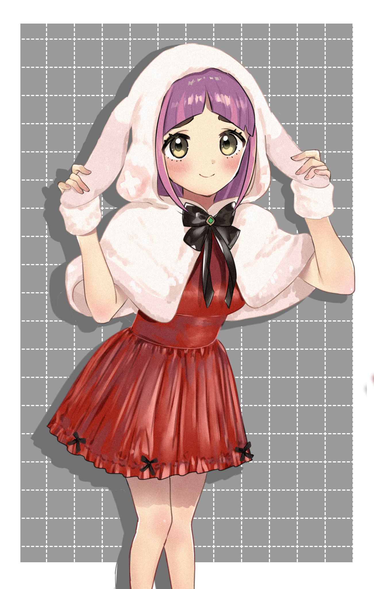 anko (ankochan 114), lacey (pokemon), nintendo, pokemon, pokemon sv, highres, 1girl, alternate costume, arched bangs, black bow, blush, border, bow, brown hair, closed mouth, dress, grid background, hood, hood up, looking at viewer, outside border, pink hair, red dress, smile, solo, white border
