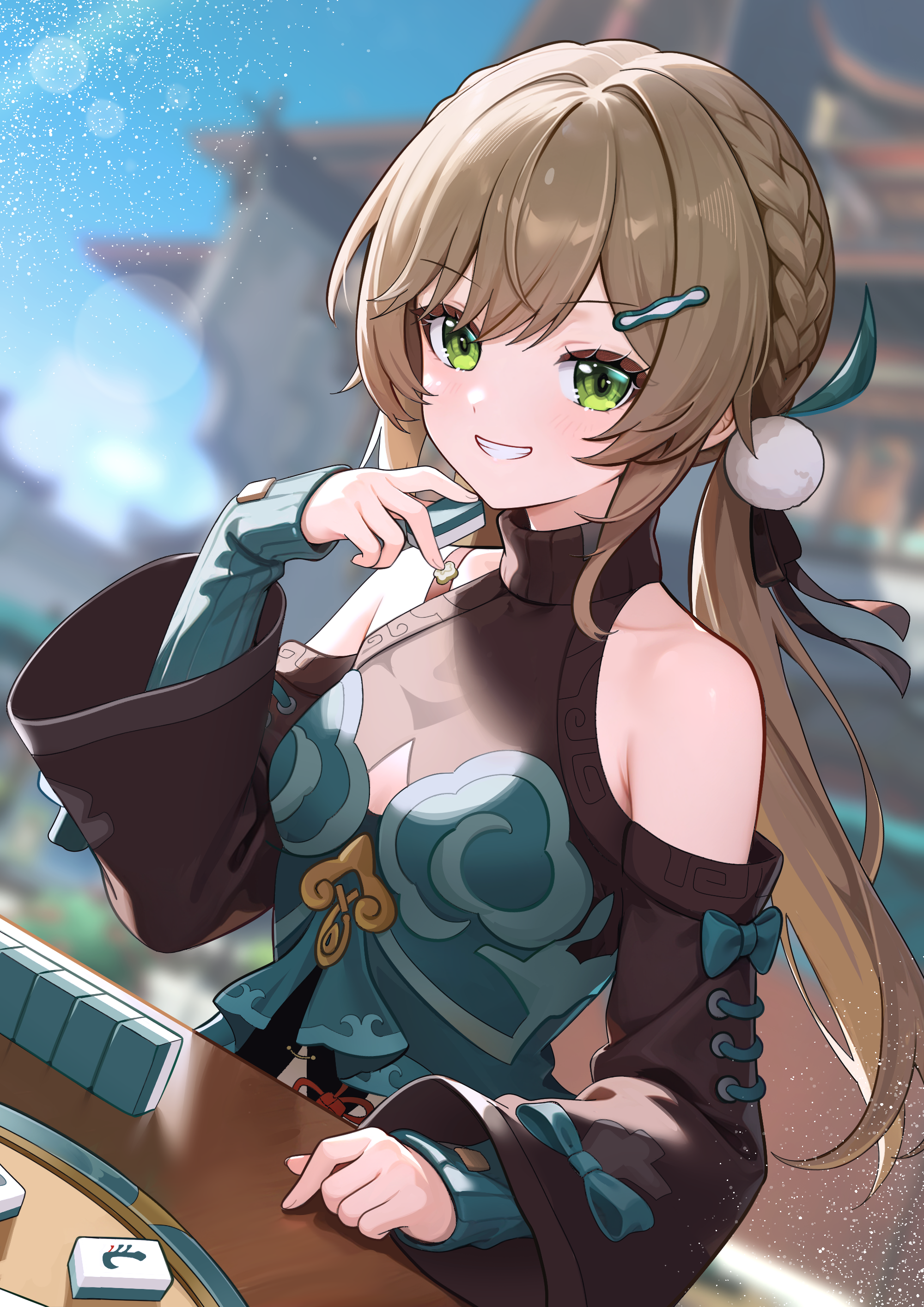 aviary, qingque (honkai: star rail), honkai: star rail, honkai (series), absurdres, commentary, highres, 1girl, armpit crease, black dress, blurry, blurry background, breasts, brown hair, clenched teeth, clothing cutout, dress, green dress, green eyes, grin, holding, holding mahjong tile, layered clothes, mahjong, mahjong tile, shoulder cutout, small breasts, smile, solo, teeth, twintails, upper body
