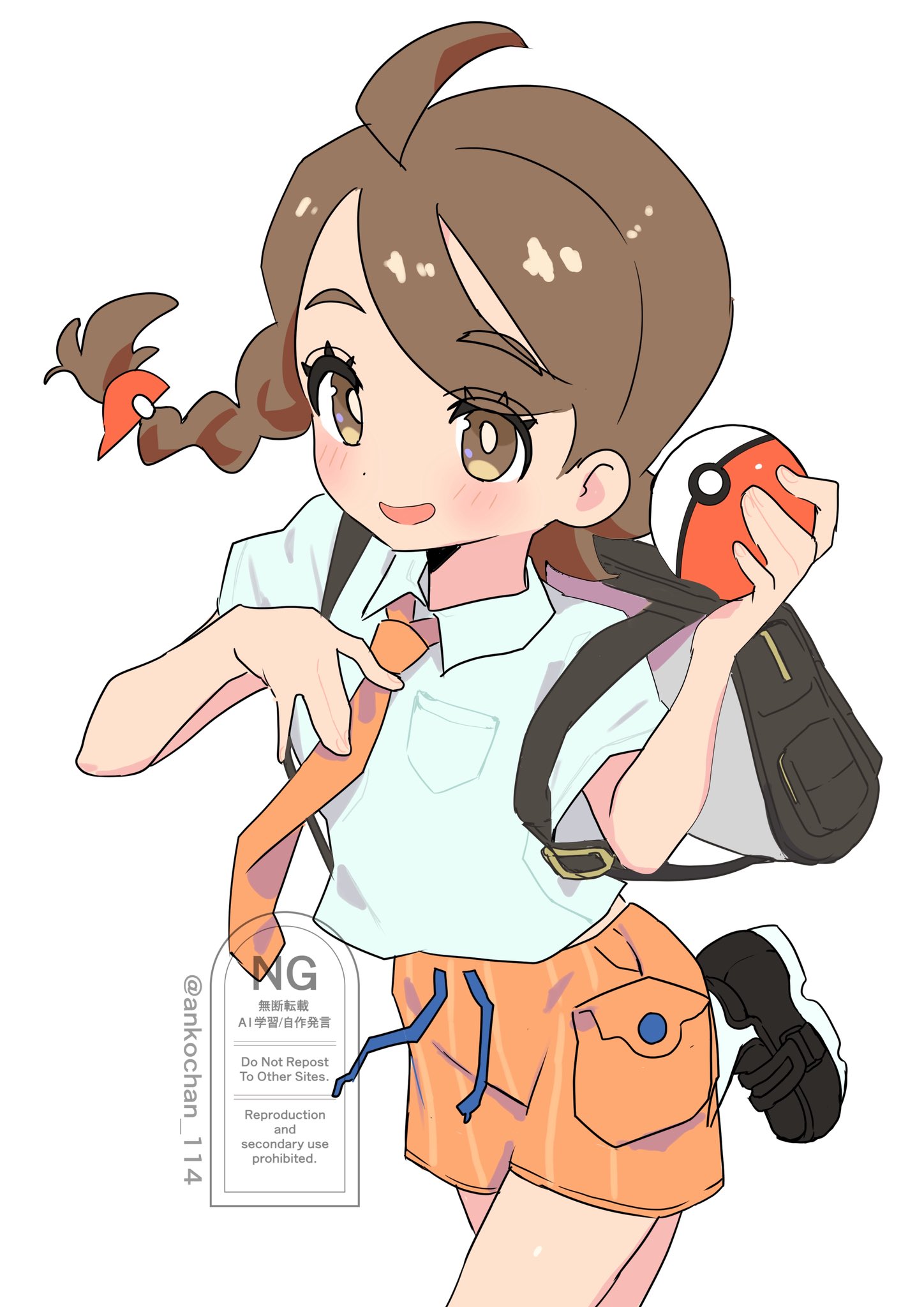 anko (ankochan 114), juliana (pokemon), nintendo, pokemon, pokemon sv, highres, 1girl, :d, backpack, bag, black shoes, blush, braid, brown eyes, brown hair, hair ornament, hairclip, holding, holding poke ball, leg up, looking at viewer, naranja academy school uniform, necktie, open mouth, orange necktie, orange shorts, poke ball, poke ball (basic), school uniform, shirt, shoes, short hair, short sleeves, shorts, single braid, smile, solo, white background, white shirt