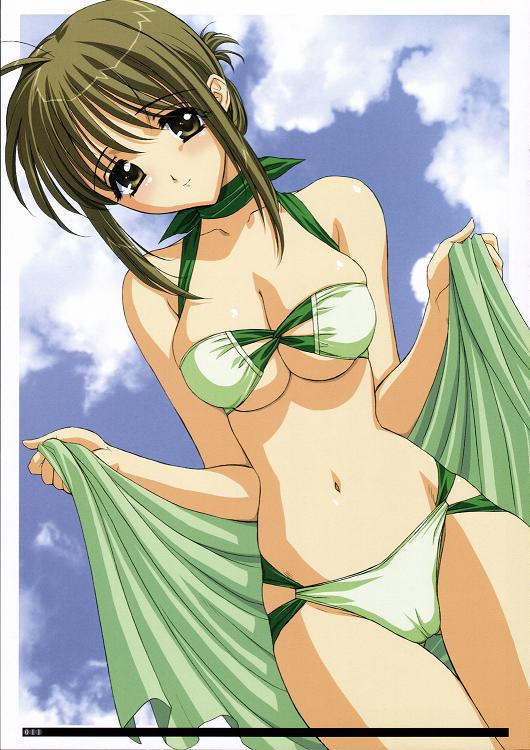 magaki ryouta, jpeg artifacts, non-web source, 1girl, bikini, breasts, cameltoe, cleavage, cloud, day, female focus, green bikini, large breasts, sky, solo, swimsuit, towel