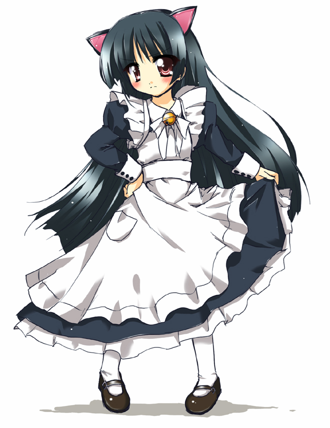futaru usagi, amatsuka urara, baby princess, non-web source, 10s, 1girl, animal ears, bell, black hair, cat ears, female focus, long hair, maid, mary janes, pantyhose, red eyes, shoes, solo