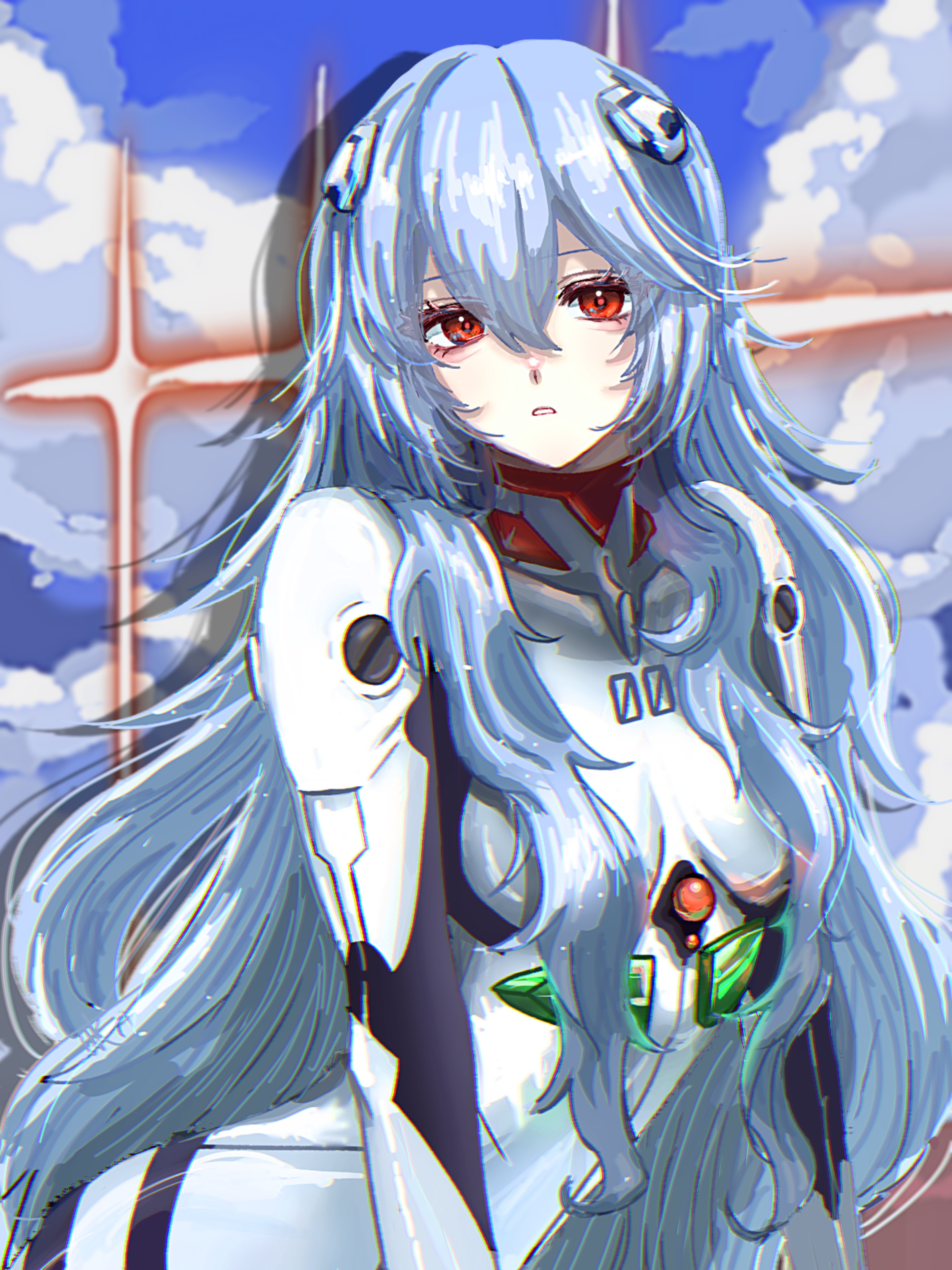 user traa3358, ayanami rei, eva (black survival), evangelion: 3.0+1.0 thrice upon a time, neon genesis evangelion, rebuild of evangelion, absurdres, highres, blue hair, bodysuit, breasts, cross, hair over breasts, hair over shoulder, hairpods, long hair, looking at viewer, mecha pilot suit, messy hair, open mouth, outdoors, plugsuit (evangelion), red eyes, small breasts, white bodysuit