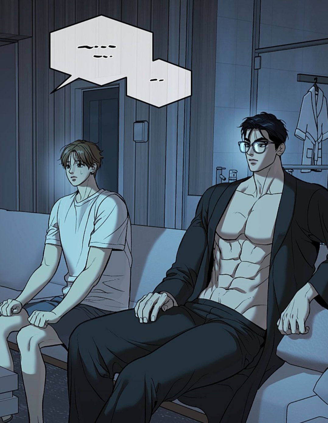 mingwa, joo jaekyung, kim dan, jinx (manhwa), highres, 2boys, abs, bara, bare pectorals, bathrobe, black eyes, black hair, brown hair, couch, glass, hand on own thigh, large pectorals, male focus, multiple boys, muscular, muscular male, on couch, open clothes, pectorals, short hair, sitting, speech bubble, toned