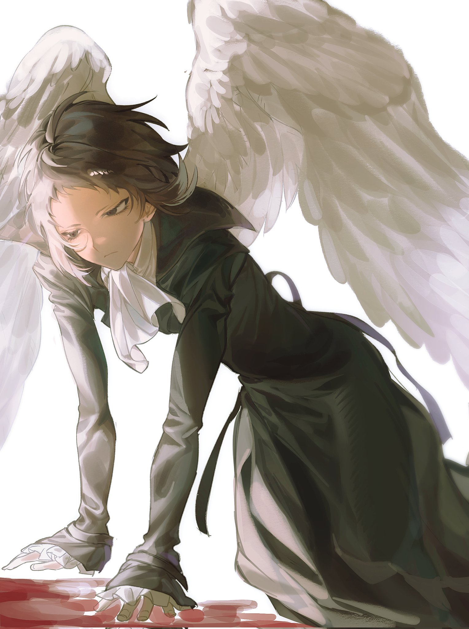 akutagawa ryuunosuke (bungou stray dogs), bungou stray dogs, highres, 1boy, all fours, angel wings, ascot, black eyes, black hair, closed mouth, eyelashes, gradient hair, long sleeves, male focus, mitabxd 7, multicolored hair, short hair, simple background, solo, two-tone hair, white background, white hair, wings