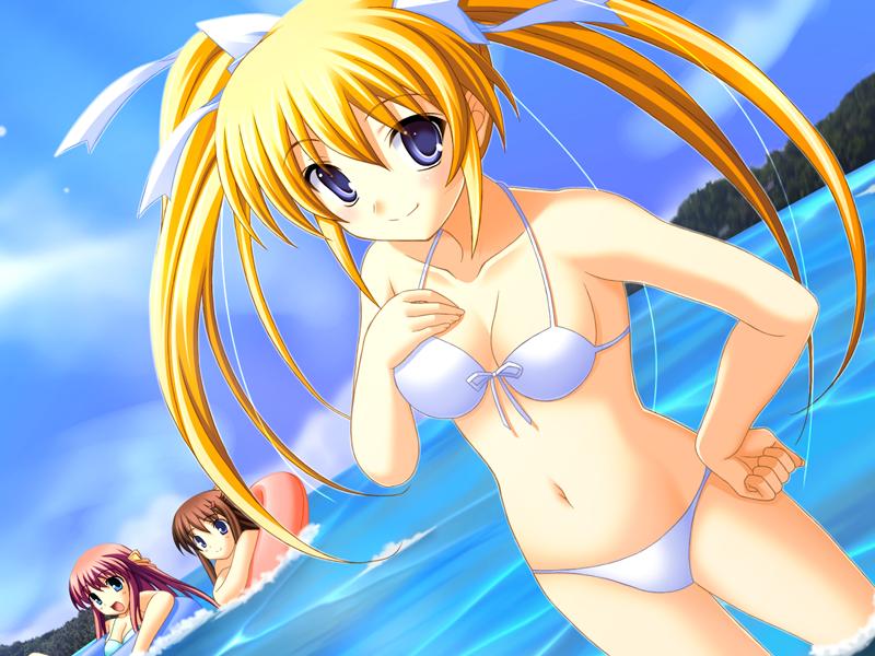 inuzumi masaki, himenomiya miharu, mochida nao, tooyama izumi, step x steady, game cg, jpeg artifacts, non-web source, 3girls, bikini, blonde hair, blue eyes, brown hair, day, dutch angle, innertube, long hair, multiple girls, pink hair, swim ring, swimsuit, twintails, water