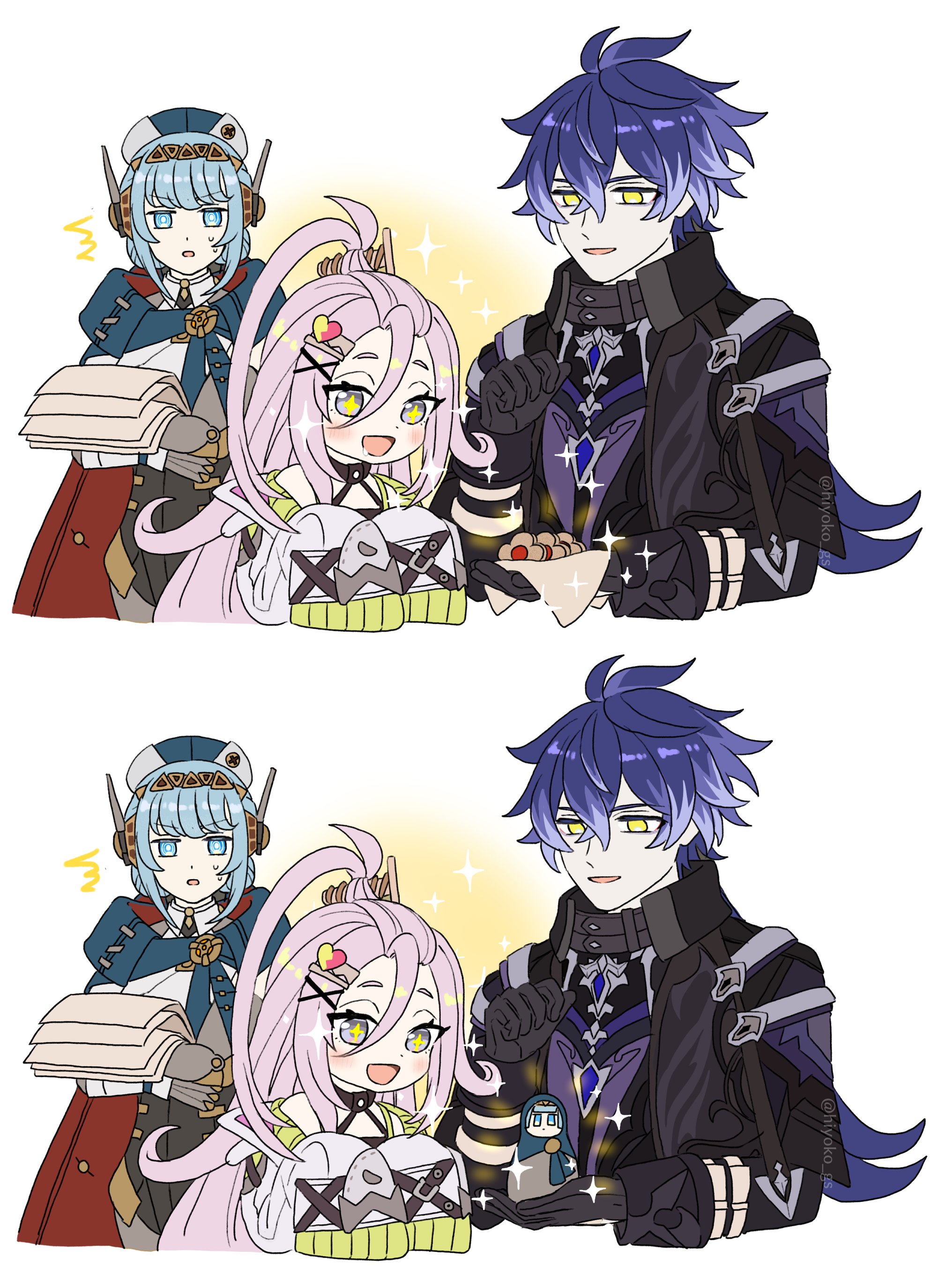 aoyagi (ao0701yagi), aino (genshin impact), flins (genshin impact), ineffa (genshin impact), genshin impact, absurdres, commentary request, highres, + +, 1boy, 2girls, :d, :o, ^^^, ahoge, antenna hair, artist name, bangs pinned back, black capelet, black choker, black coat, black dress, black gloves, blue cape, blue eyes, blue hair, blue hat, blush, bright pupils, cape, capelet, character doll, choker, coat, collared capelet, cookie, crossed bangs, doll, double bun, dress, drooling, food, forehead, gloves, hair between eyes, hair bun, hair ornament, hairband, hairclip, halter dress, halterneck, hand up, hat, holding, holding doll, holding food, holding paper, joints, lab coat, long hair, long sleeves, looking at another, matryoshka doll, multicolored hair, multiple girls, multiple views, off shoulder, open clothes, open coat, open mouth, paper, pink hair, red cape, robot girl, robot joints, screw hair ornament, short eyebrows, sidelocks, sleeve cuffs, sleeves past fingers, sleeves past wrists, smile, sparkle, sweatdrop, twitter username, two-sided cape, two-sided fabric, upper body, v-shaped eyebrows, very long hair, very long sleeves, white background, white coat, white pupils, x hair ornament, yellow eyes
