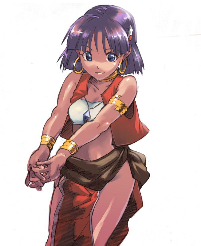 kururanabaru, nadia la arwall, fushigi no umi no nadia, 1990s (style), 1girl, armband, armlet, bandeau, bandeau bikini, bare shoulders, blue eyes, bracelet, dark-skinned female, dark skin, earrings, female focus, hair ornament, hairclip, jewelry, loincloth, midriff, neck ring, pelvic curtain, purple hair, retro artstyle, short hair, solo, strapless, tube top, vest