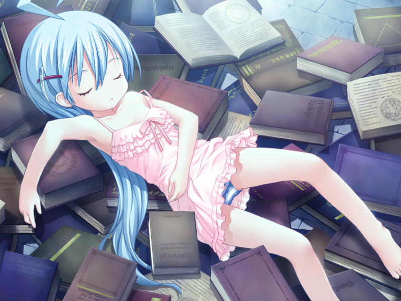 kiira, raky, elsa (ainsworth no mamonotachi), ail soft, ainsworth no mamono-tachi, ainsworth no mamonotachi, game cg, 1girl, ahoge, book, child, female focus, hair ornament, hairclip, long hair, lying, panties, ribbon, sleeping, solo, striped clothes, striped panties, underwear, very long hair