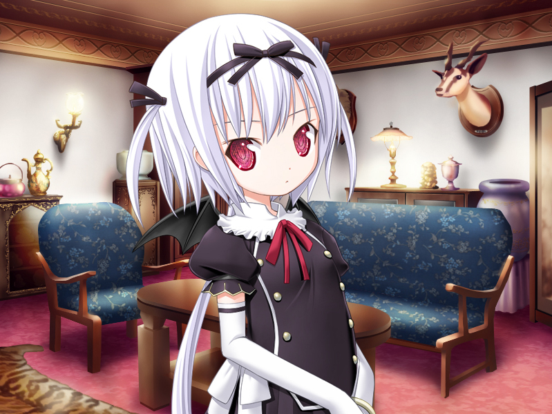 kiira, raky, wendy (ainsworth no mamonotachi), ail soft, ainsworth no mamono-tachi, ainsworth no mamonotachi, silver hair, game cg, 1girl, bat wings, child, detached sleeves, elbow gloves, female focus, gloves, gothic lolita, lolita fashion, pink eyes, red eyes, ribbon, solo, wings