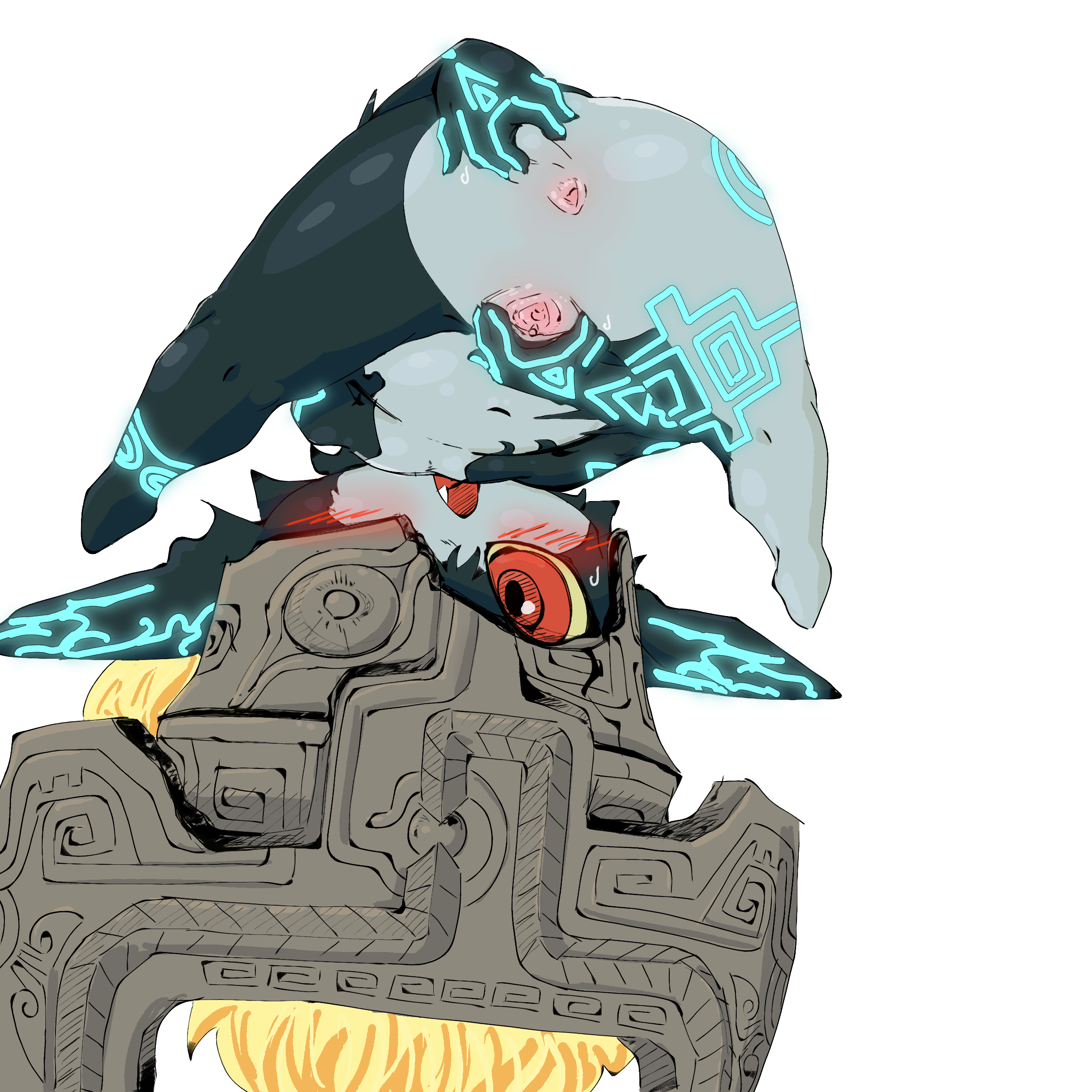 red leopard, midna, nintendo, the legend of zelda, the legend of zelda: twilight princess, absurdres, highres, 1girl, ass, black skin, blonde hair, blush, clitoris, colored sclera, colored skin, fang, female focus, flat chest, grey helmet, grey skin, helmet, kneepits, multicolored skin, navel, neon trim, nude, one eye covered, open mouth, pointy ears, presenting, pussy, red eyes, short hair, simple background, solo, spread legs, spread pussy, spreading own anus, spreading own pussy, sweat, two-tone skin, uncensored, upside-down, white background, yellow sclera
