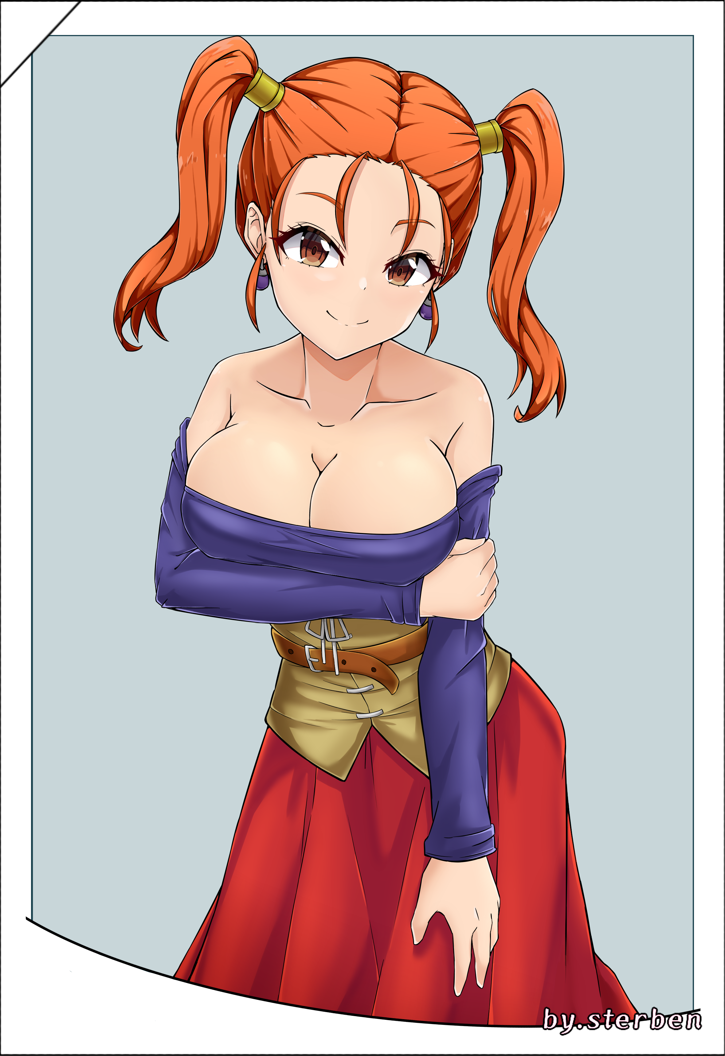 sterben, jessica albert, dragon quest, dragon quest viii, absurdres, highres, 1girl, artist name, bare shoulders, belt, breasts, brown eyes, dress, grey background, hand on own hip, large breasts, orange hair, smile, twintails