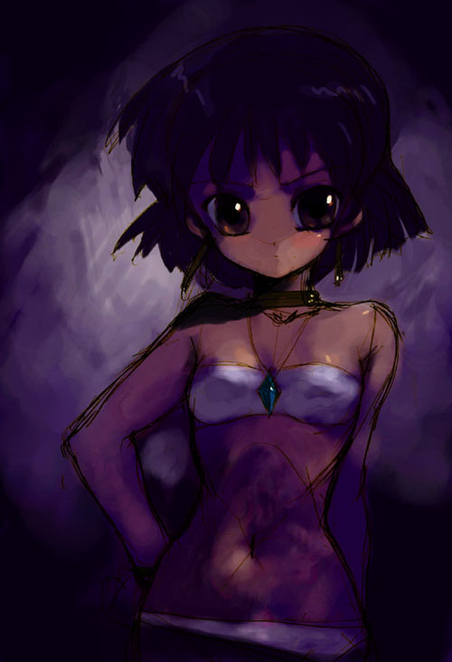 kusaka souji, nadia la arwall, fushigi no umi no nadia, 1990s (style), 1girl, angry, bandeau, bandeau bikini, bare shoulders, brown eyes, dark, dark-skinned female, dark skin, female focus, jewelry, midriff, neck ring, necklace, purple hair, retro artstyle, short hair, solo, strapless, tube top