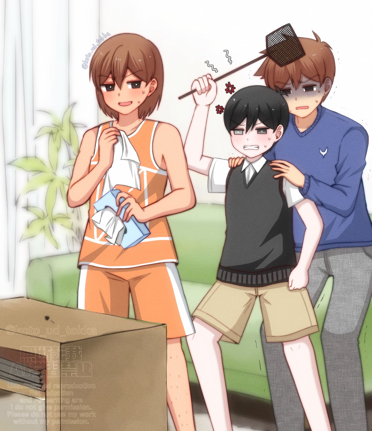 hisaho, hero (faraway) (omori), hero (omori), kel (faraway) (omori), kel (omori), sunny (omori), omori, highres, spoilers, 3boys, anger vein, antenna hair, arm up, black eyes, black sweater vest, blue sweater, bright pupils, brothers, brown hair, brown shorts, bug, clenched teeth, coffee table, collarbone, collared shirt, couch, dark-skinned male, dark skin, double-parted bangs, ear piercing, flyswatter, grey eyes, grey pants, hair between eyes, hands on another's shoulders, heterochromia, holding tissue, indoors, long sleeves, looking at another, multiple boys, nervous smile, nervous sweating, open mouth, orange shorts, pants, piercing, plant, potted plant, shirt, short hair, short sleeves, shorts, siblings, smile, sweat, sweater, sweater vest, table, teeth, tissue box, twitter username, white pupils, white shirt