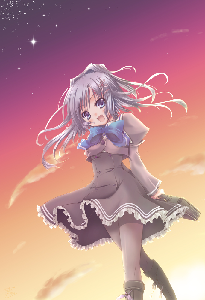 alto seneka, katagiri yuuhi, akane-iro ni somaru saka, silver hair, bad id, bad pixiv id, 1girl, bag, blue eyes, female focus, hair ornament, hairpin, pantyhose, satchel, school bag, school uniform, serafuku, sky, solo, star (sky), star (symbol), starry sky