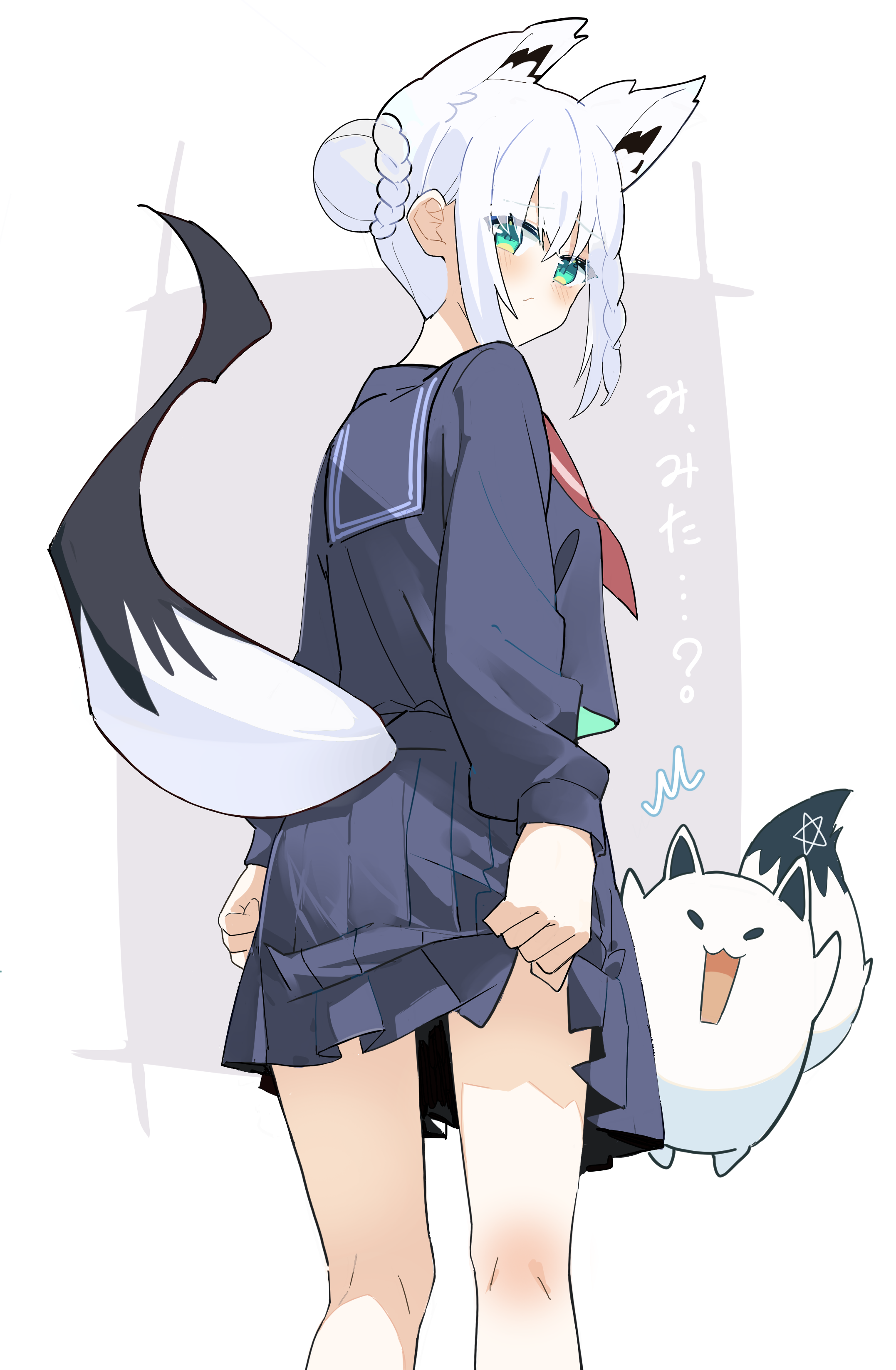 fubuzilla (shirakami fubuki), shirakami fubuki, hololive, absurdres, commentary request, highres, translation request, 1girl, :<, :3, animal ears, aqua eyes, back, braid, closed mouth, clothing cutout, feet out of frame, fox ears, fox girl, fox tail, from behind, from below, hair bun, halkana sketch, kneepits, long sidelocks, looking back, neckerchief, open mouth, pleated skirt, red neckerchief, school uniform, serafuku, short hair, sidelocks, simple background, skirt, solo, tail, tail raised, tail through clothes, virtual youtuber