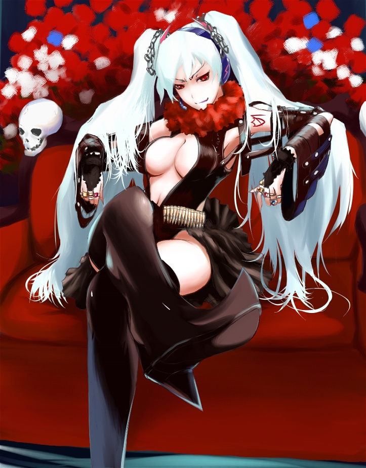 nanahime, hagane miku, hatsune miku, hagane vocaloid, vocaloid, bad id, bad pixiv id, 1girl, black thighhighs, boots, breasts, bullet, chain, crossed legs, female focus, high heels, jewelry, large breasts, legs, naughty face, red eyes, ring, shoes, sitting, skull, solo, thigh boots, thighhighs, thighs, twintails, white hair