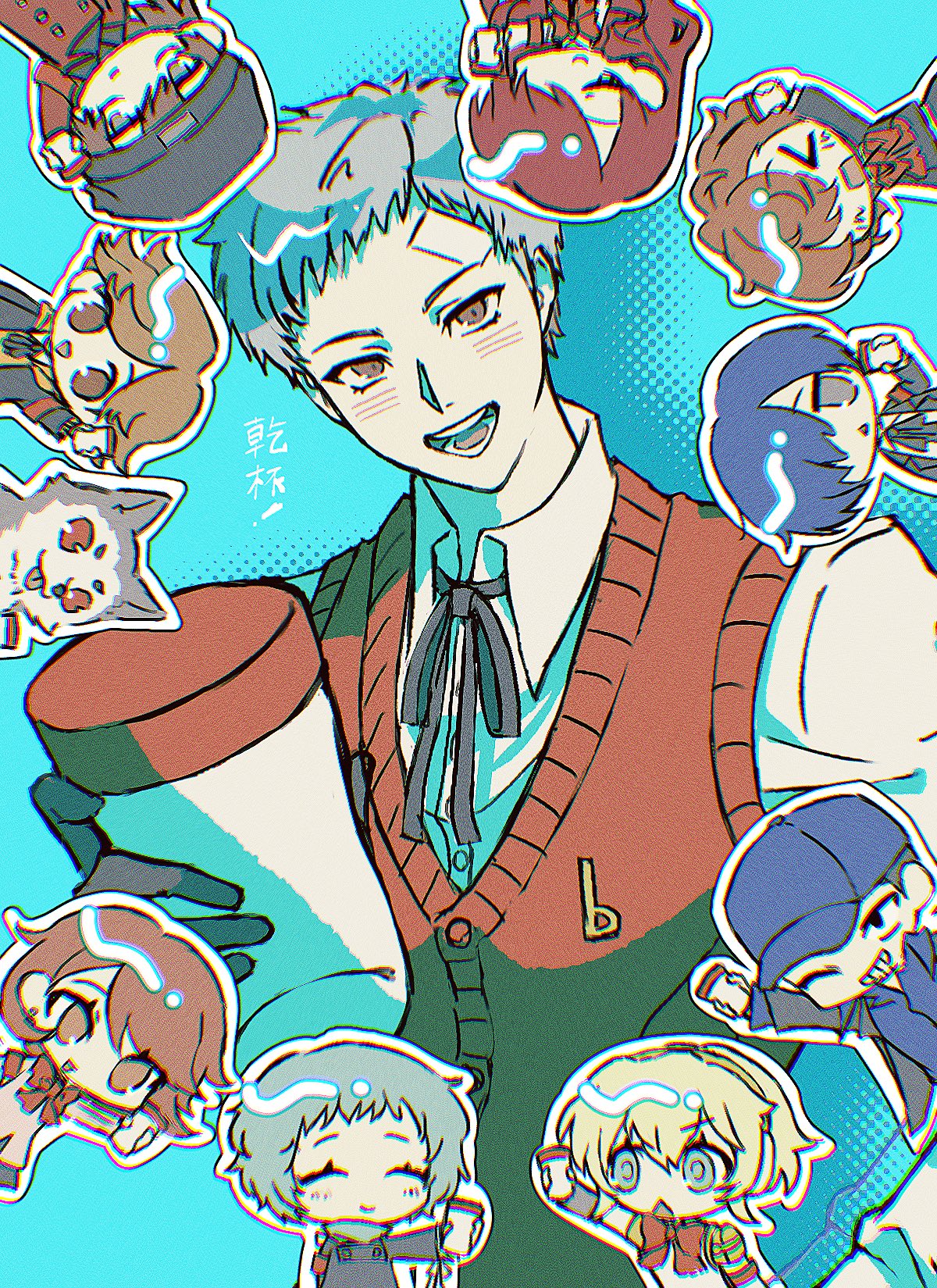 samugasamugatta, aigis (persona), amada ken, aragaki shinjirou, iori junpei, kirijou mitsuru, koromaru (persona), sanada akihiko, shiomi kotone, takeba yukari, yamagishi fuuka, yuuki makoto (persona 3), persona, persona 3, commentary request, highres, 5boys, 5girls, android, animal, aqua hair, arm up, armband, bandaid, bandaid on face, bandaid on forehead, baseball cap, beanie, birthday, black gloves, black jacket, black ribbon, blonde hair, blue eyes, blue hair, blush, bow, bowtie, brown eyes, brown hair, cardigan, chibi, chibi inset, closed eyes, closed mouth, collared shirt, cup, dog, gekkoukan high school uniform, gloves, grey hair, hat, holding, holding cup, jacket, long sleeves, looking at viewer, multiple boys, multiple girls, neck ribbon, open mouth, outstretched arm, pink cardigan, red armband, red bow, red bowtie, red hair, red sweater vest, ribbon, school uniform, shirt, short hair, smile, sweater vest, upper body, white shirt