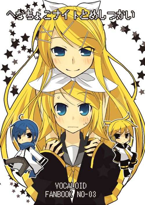 tamura hiro, kagamine len, kagamine rin, kagamine rin (future style), kaito (vocaloid), vocaloid, 2boys, 2girls, aged up, blonde hair, blue eyes, blue hair, blue scarf, blush, brother and sister, dual persona, hair ornament, hairclip, headphones, long hair, multiple boys, multiple girls, necktie, ribbon, scarf, short hair, siblings, smile, sweat, twins
