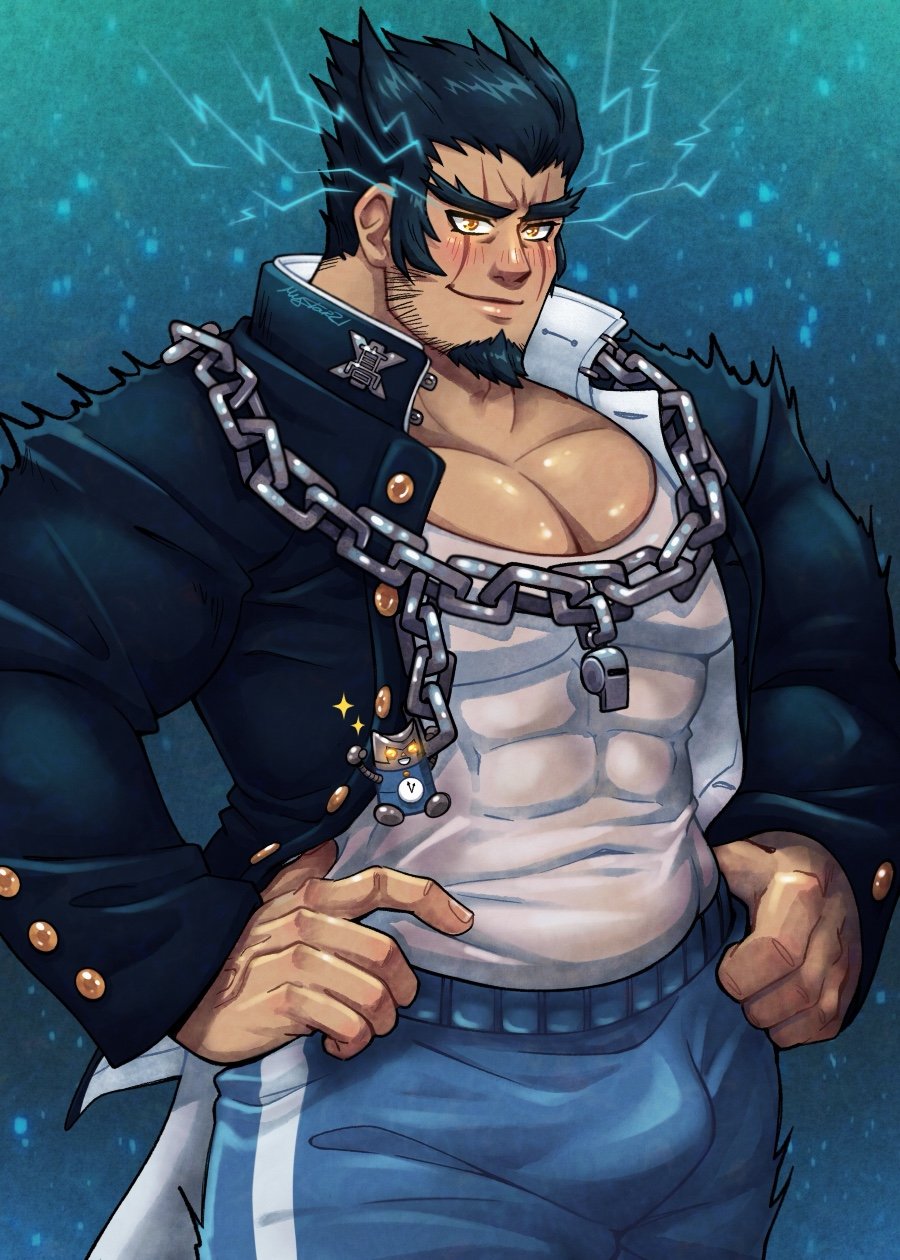 mystar21, nidai nekomaru, danganronpa (series), danganronpa 2: goodbye despair, commentary, highres, 1boy, bara, black hair, blush, bulge, covered abs, facial hair, goatee, hands on own hips, jacket, large hands, large pectorals, lips, male focus, muscular, muscular male, open clothes, open jacket, pants, pectoral cleavage, pectorals, scar, scar across eye, scar on face, short hair, solo, track pants, whistle
