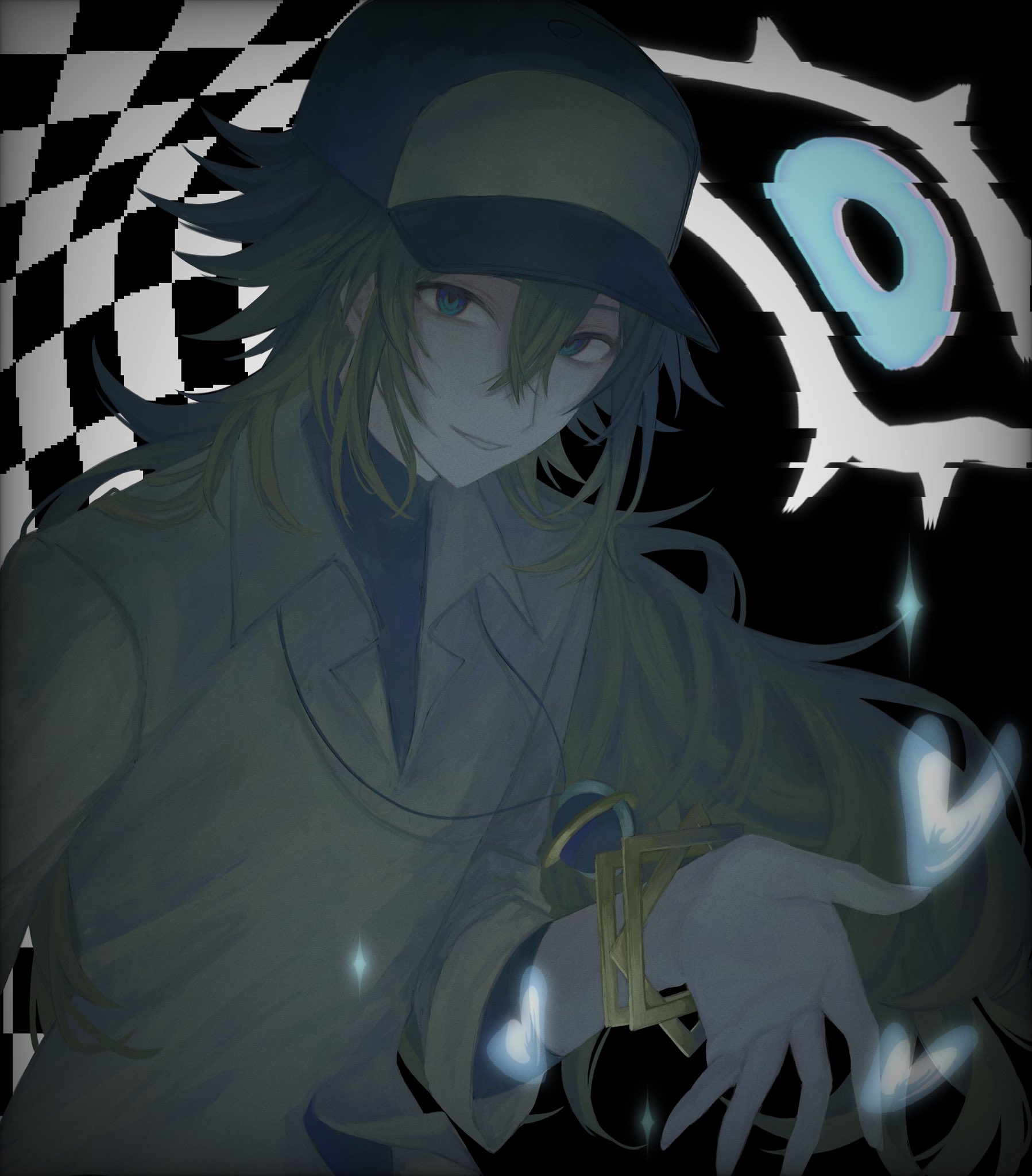 shirata mint, n (pokemon), nintendo, pokemon, pokemon bw, commentary request, highres, 1boy, arm up, baseball cap, bracelet, collared shirt, green hair, hair between eyes, hat, heart, jewelry, long hair, looking at viewer, male focus, necklace, parted lips, shirt, smile, solo, upper body, very long hair, white shirt, wing collar