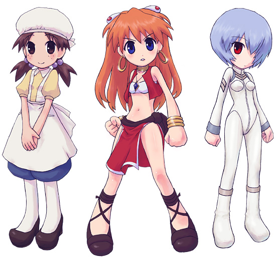 emoncake., ayanami rei, electra (nadia), horaki hikari, ikolina (nadia), nadia la arwall, souryuu asuka langley, fushigi no umi no nadia, gainax, neon genesis evangelion, 3girls, ankle lace-up, apron, bandeau, bandeau bikini, bare shoulders, bloomers, blue eyes, blue hair, bracelet, brown eyes, brown hair, chibi, cosplay, covering face, covering own eyes, covering privates, earrings, electra (cosplay), freckles, hair ornament, hair over eyes, hair over one eye, hairclip, hat, ikolina (cosplay), jewelry, loincloth, long hair, mecha pilot suit, midriff, multiple girls, nadia la arwall (cosplay), neck ring, necklace, pantyhose, parody, pelvic curtain, plugsuit (evangelion), red eyes, red hair, sandals, shoes, short hair, simple background, strapless, tube top, twintails, underwear, vest, white background