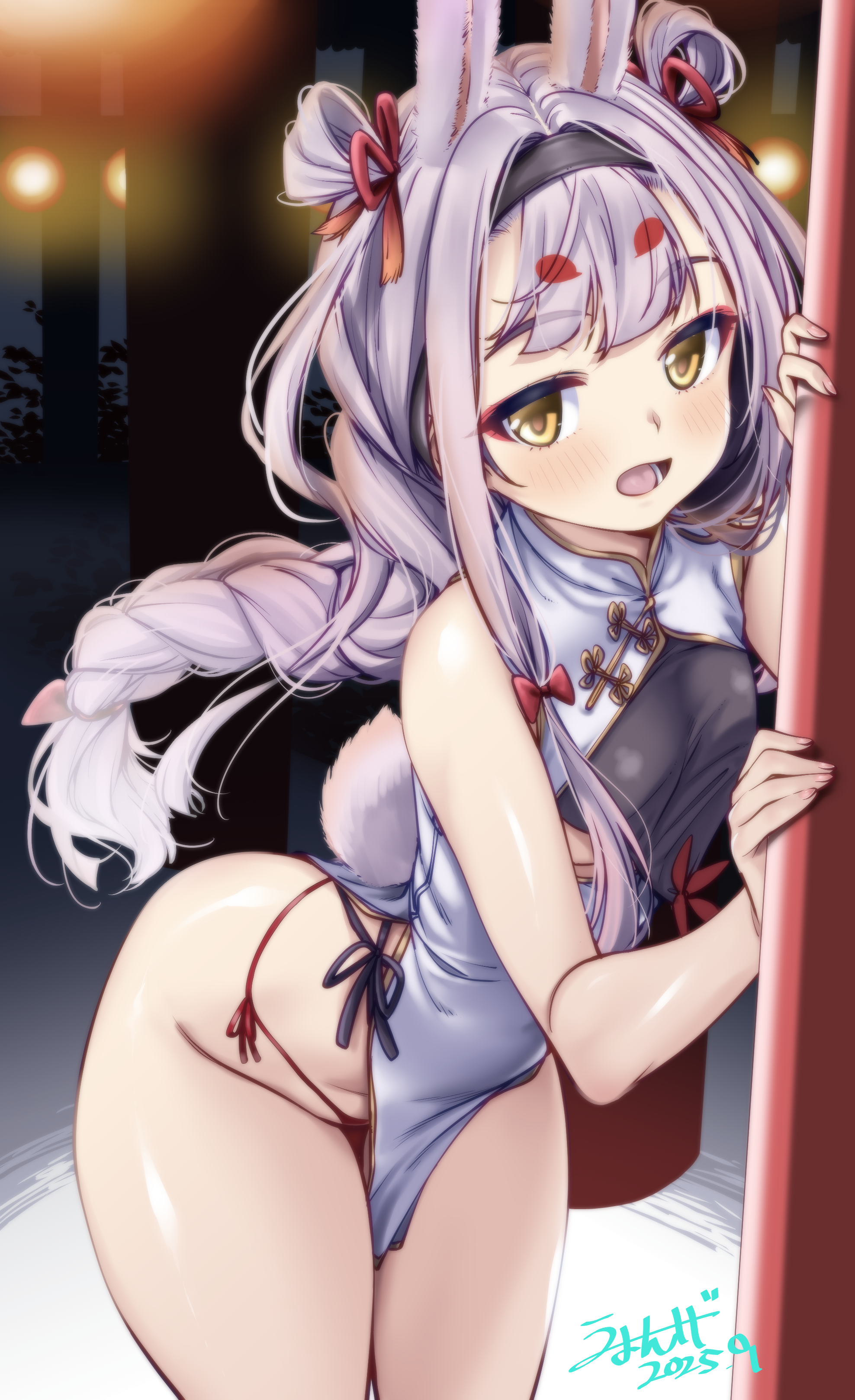 umyonge (lkakeu), shimakaze (azur lane), shimakaze (clumsy moon rabbit) (azur lane), azur lane, absurdres, highres, 1girl, animal ears, artist name, ass, black hairband, breasts, china dress, chinese clothes, dated, dress, grey hair, hair intakes, hairband, lantern, leaning forward, light blush, long braid, long hair, looking at viewer, multiple torii, official alternate costume, open mouth, panties, pelvic curtain, rabbit ears, rabbit girl, rabbit tail, red panties, side-tie panties, signature, sleeveless, sleeveless dress, small breasts, solo, string panties, tail, thick eyebrows, thighs, torii, underwear, wide hips, yellow eyes
