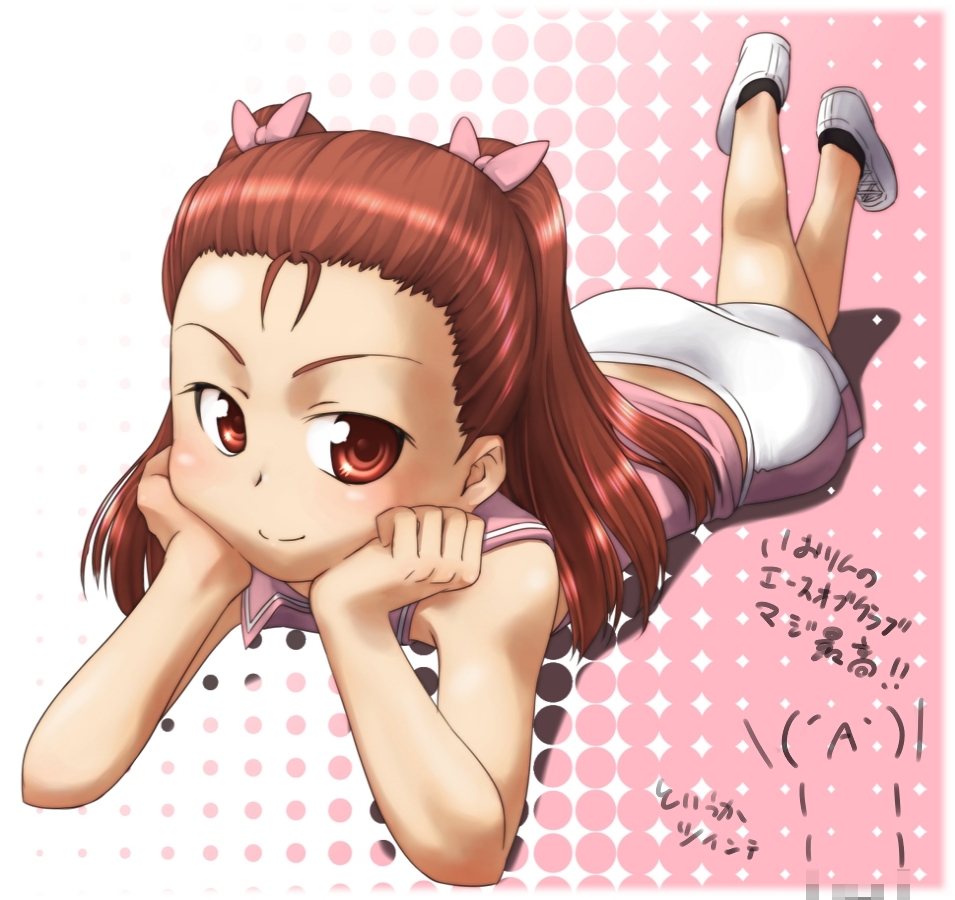 ttomm, minase iori, idolmaster, idolmaster (classic), idolmaster 1, translation request, 00s, 1girl, bow, female focus, hair bow, loli, long hair, lying, on stomach, red eyes, red hair, shoes, skirt, sleeveless, smile, sneakers, solo, the pose, twintails