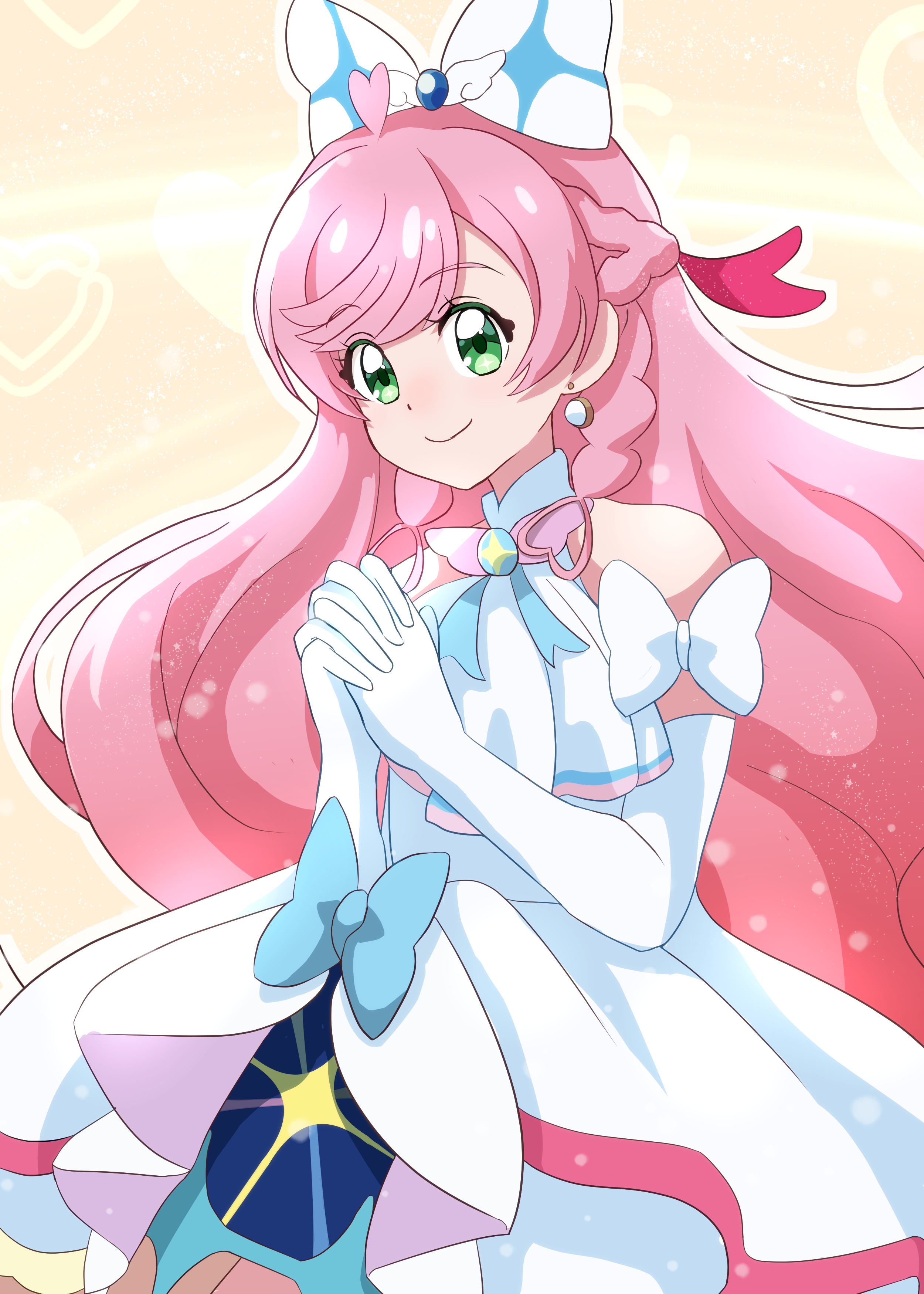 cure prism, nijigaoka mashiro, hirogaru sky! precure, precure, absurdres, commentary, highres, 1girl, ahoge, arm bow, ascot, bare shoulders, blue bow, bow, braid, brooch, closed mouth, cowboy shot, dot nose, dress, dress bow, earrings, elbow gloves, frilled dress, frills, gloves, green eyes, hair bow, hair ornament, half up braid, halter dress, halterneck, heart, heart ahoge, heart background, interlocked fingers, jewelry, light particles, long hair, looking at viewer, magical girl, medium dress, own hands clasped, own hands together, pink hair, side braids, single earring, sleeveless, sleeveless dress, smile, solo, sphere earrings, swept bangs, user mgzd2885, white ascot, white bow, white dress, white gloves, wing brooch, wing hair ornament, yellow background