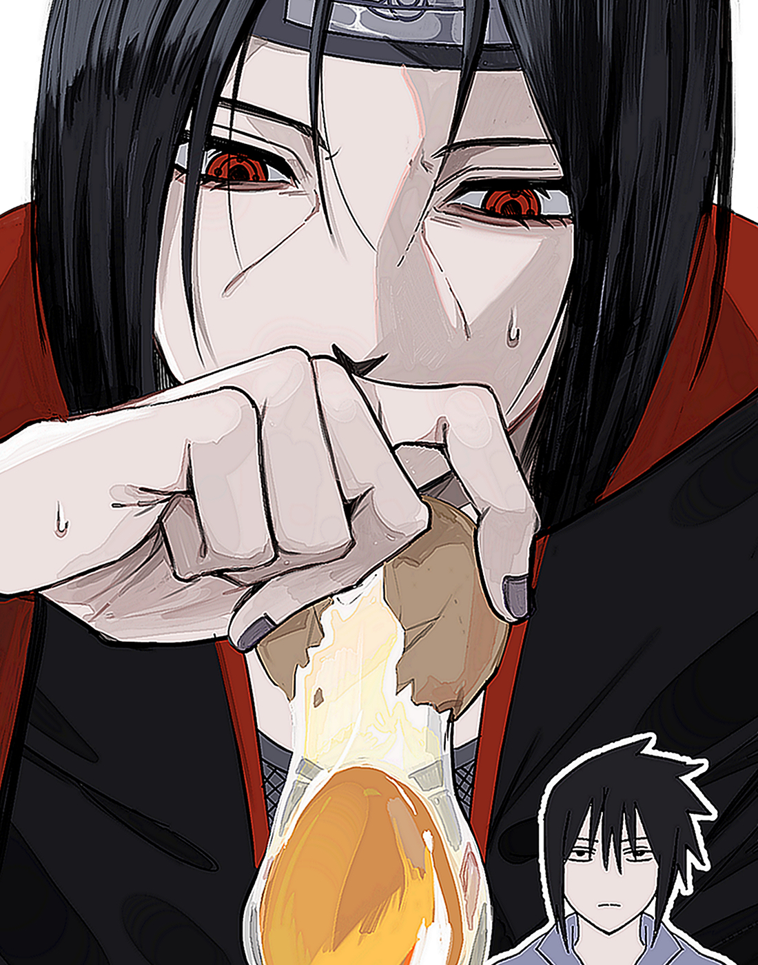 uchiha itachi, uchiha sasuke, naruto (series), highres, 2boys, akatsuki uniform, black eyes, black hair, black nails, brothers, closed mouth, egg (food), egg yolk, food, forehead protector, konohagakure symbol, male focus, multiple boys, outline, red eyes, sharingan, short hair, siblings, upper body, wqqq q