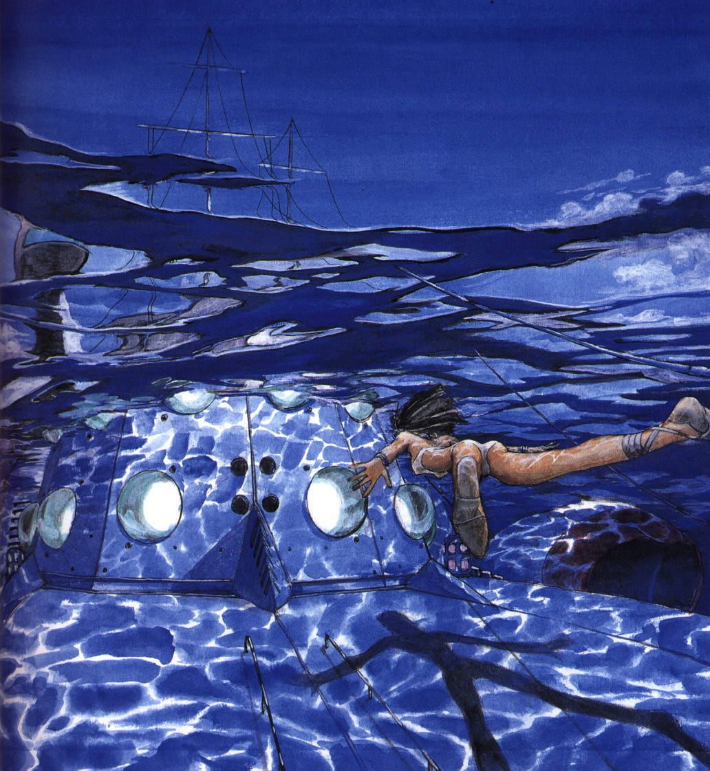 nadia la arwall, nautilus, fushigi no umi no nadia, 1990s (style), 1girl, ankle lace-up, bandeau, black hair, dark-skinned female, dark skin, female focus, freediving, mecha, ocean, panties, retro artstyle, robot, sandals, shadow, short hair, solo, strapless, submarine, swimming, tube top, underwater, underwear, watercraft
