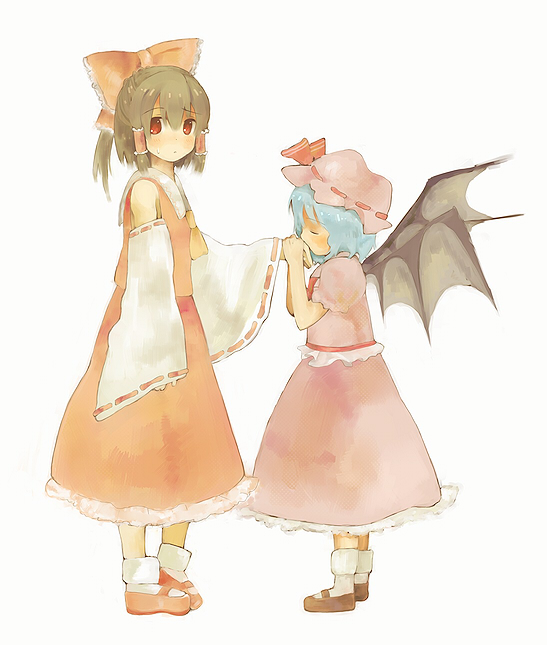 hizu, noise (hakusen), hakurei reimu, remilia scarlet, touhou, bad id, bad pixiv id, 2girls, female focus, full body, multiple girls, standing